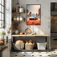 Futuristic Sports Car Desert Landscape Poster PosterGoat