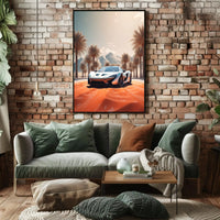 Futuristic Sports Car Desert Landscape Poster PosterGoat