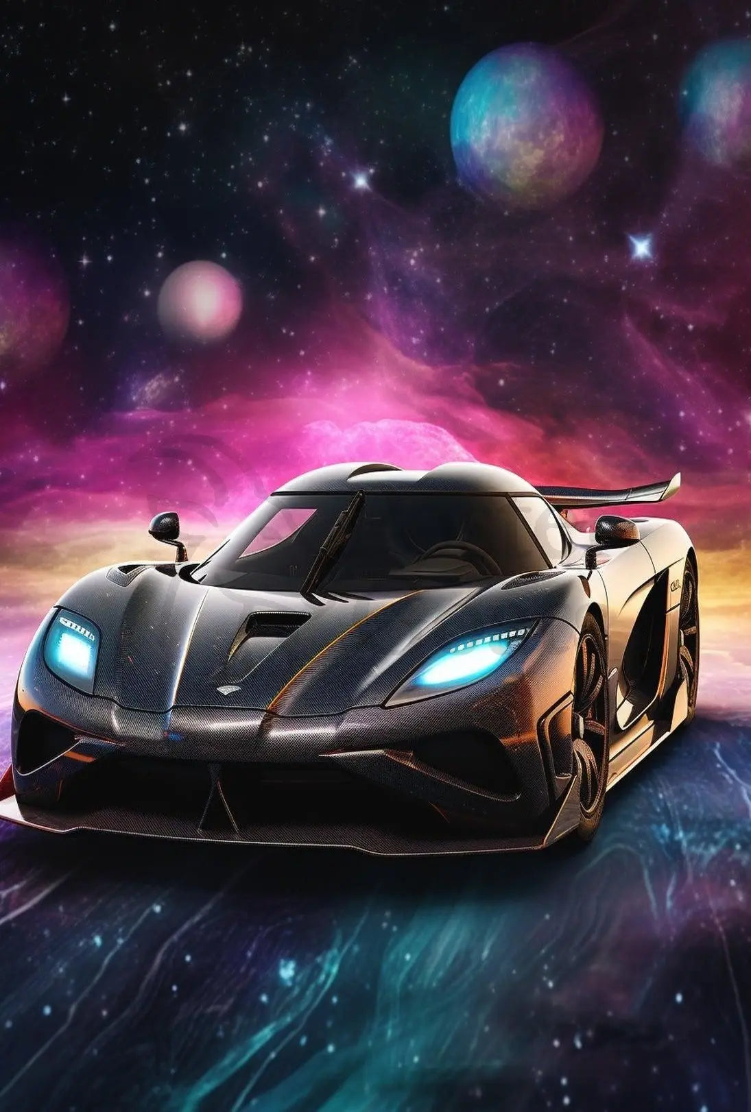 Futuristic Sports Car in Cosmic Space Futuristic Sci-Fi Poster PosterGoat