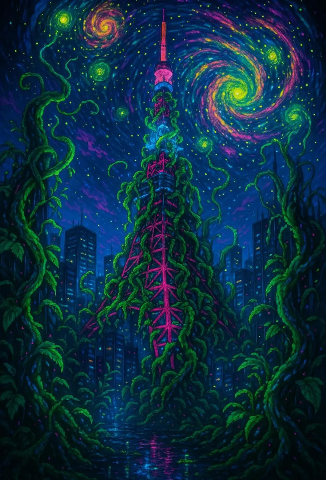 Futuristic Tower in Nature's Embrace Sci-Fi Poster PosterGoat