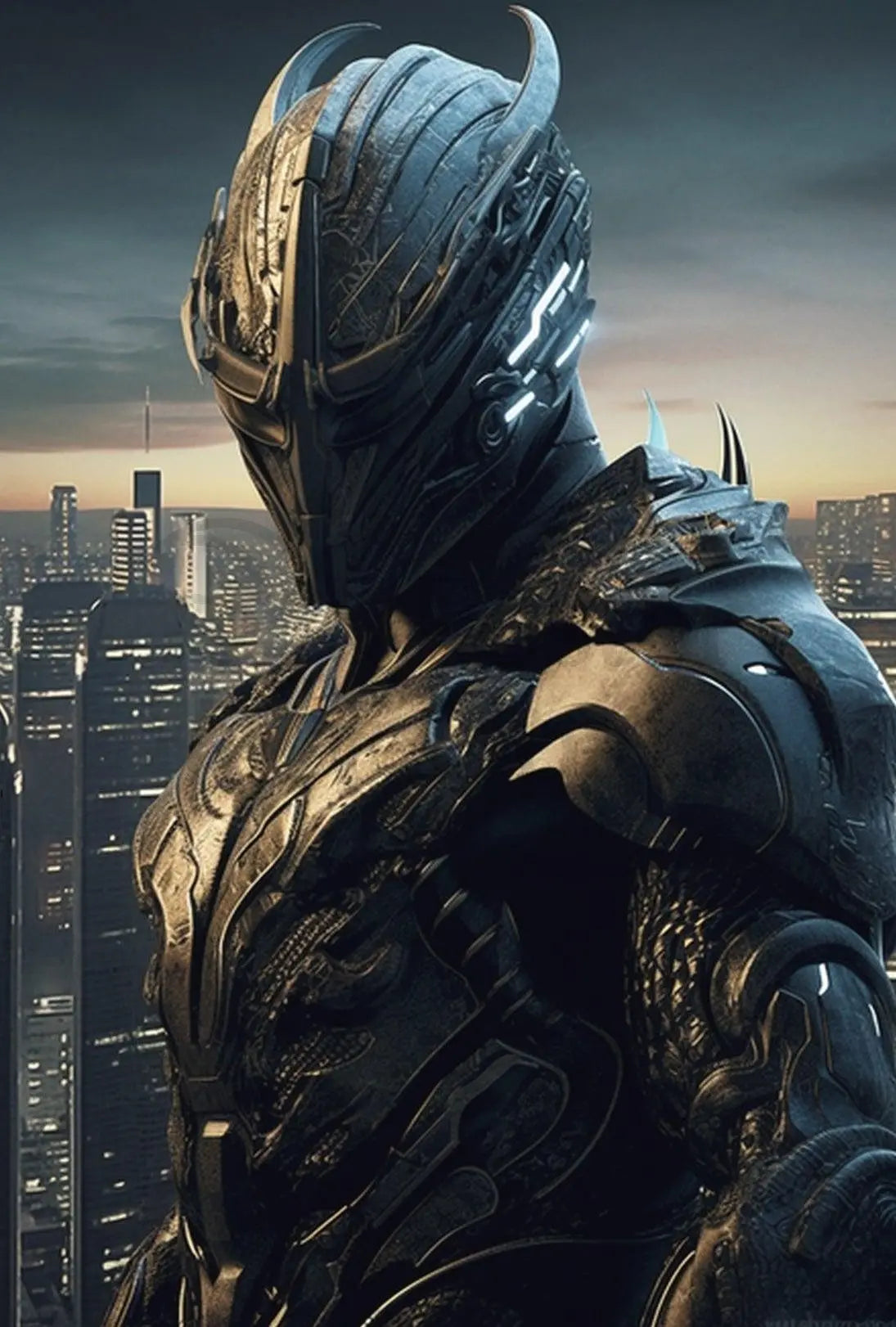 Futuristic Warrior in Dystopian City Sci-Fi Poster PosterGoat