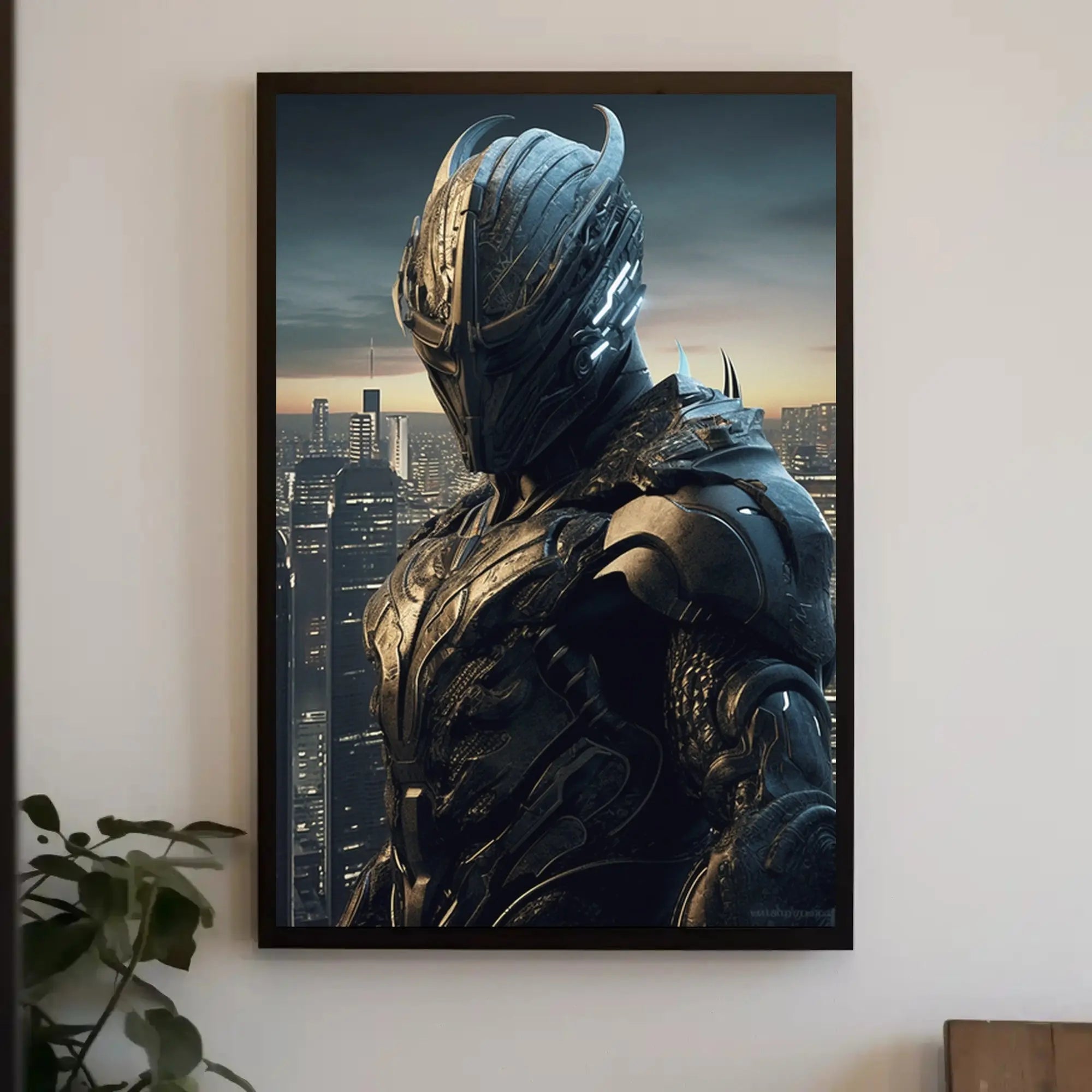 Futuristic Warrior in Dystopian City Sci-Fi Poster PosterGoat