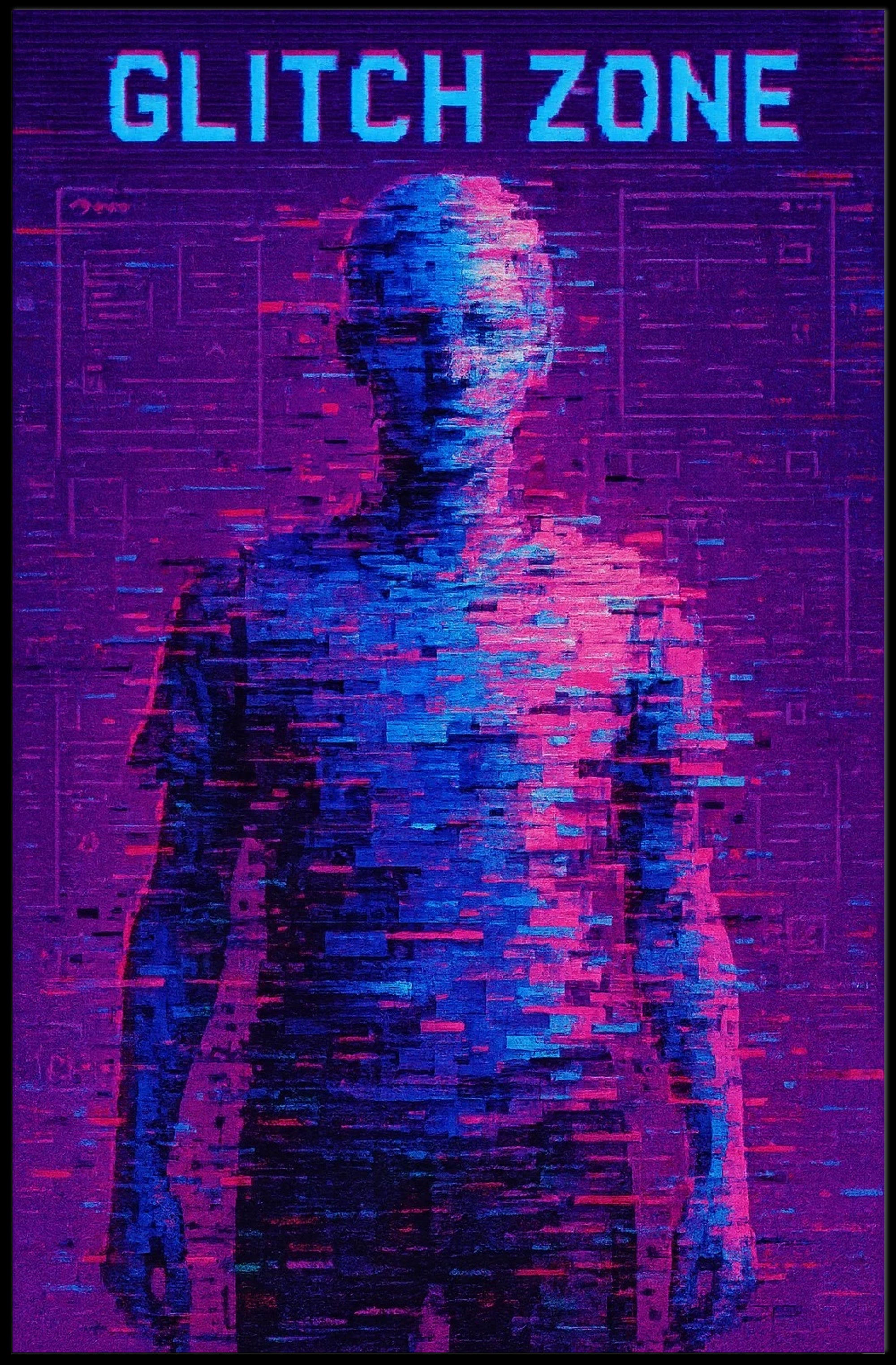GLITCH ZONE Pixelated Humanoid in Futuristic Sci-Fi Poster PosterGoat