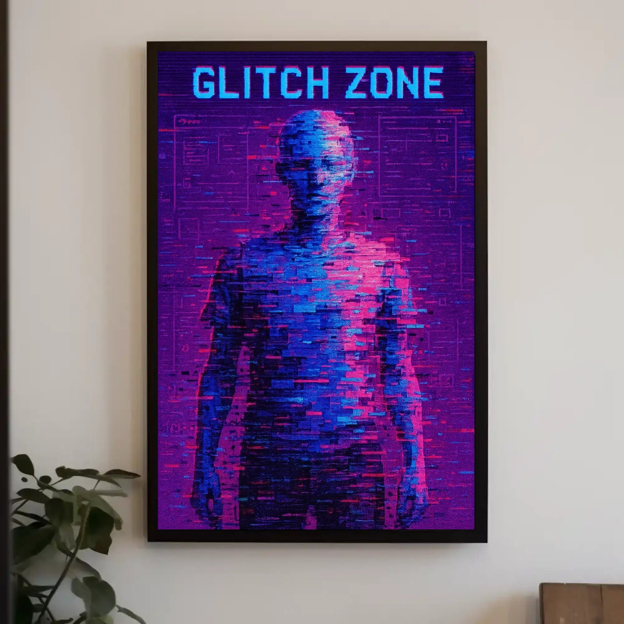 GLITCH ZONE Pixelated Humanoid in Futuristic Sci-Fi Poster PosterGoat
