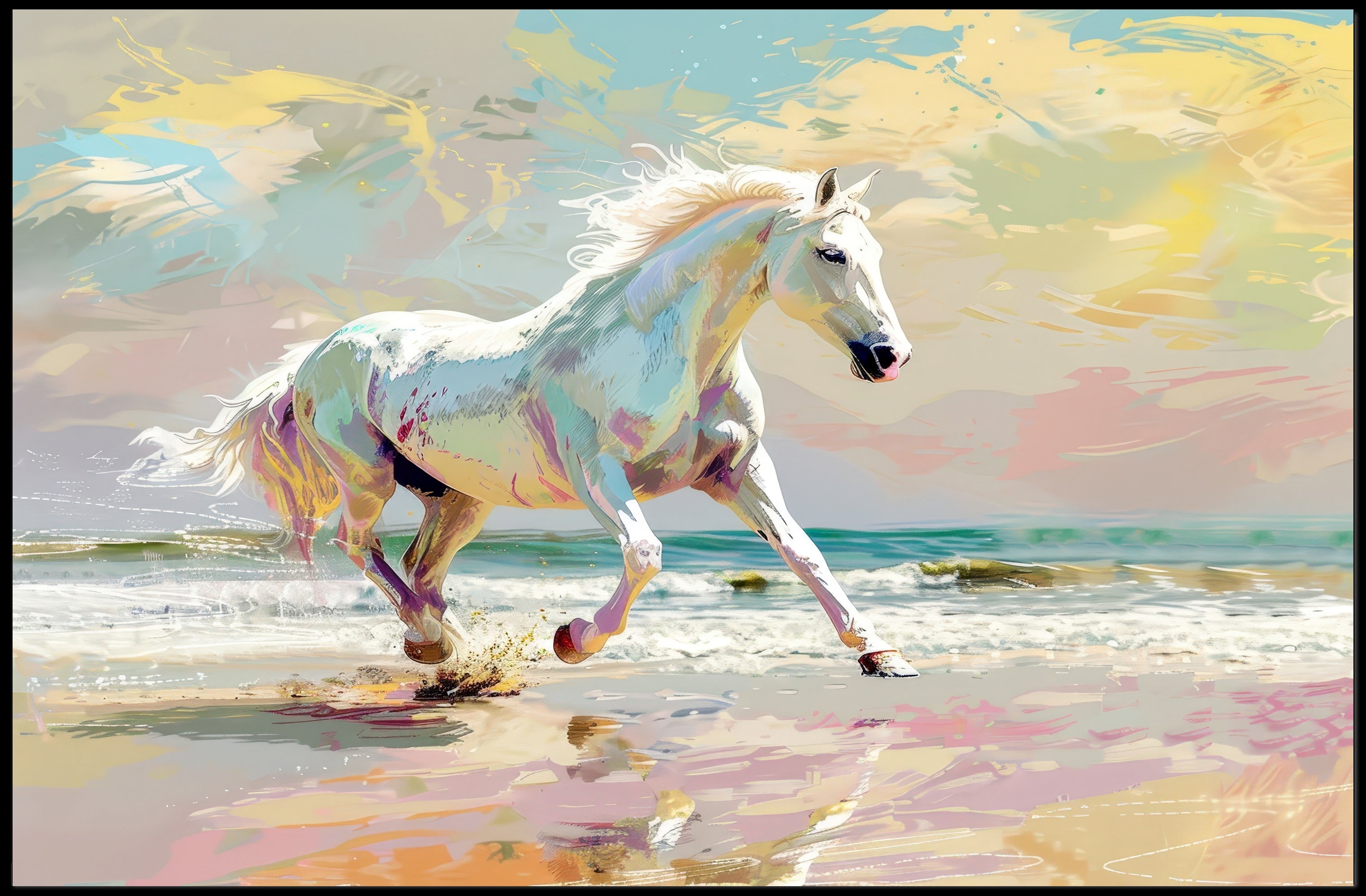 Galloping White Horse Beach Scene Animal Poster PosterGoat
