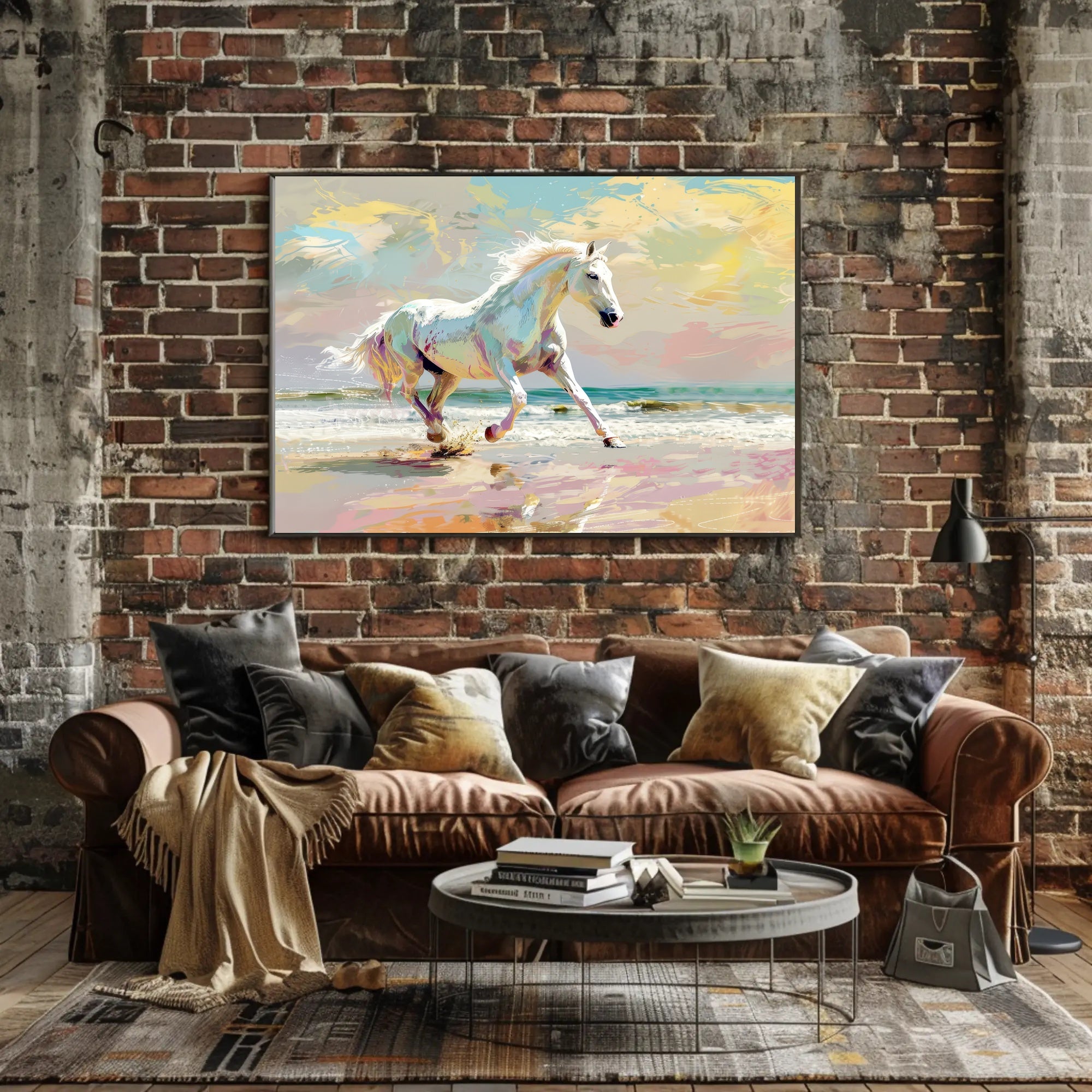 Galloping White Horse Beach Scene Animal Poster PosterGoat