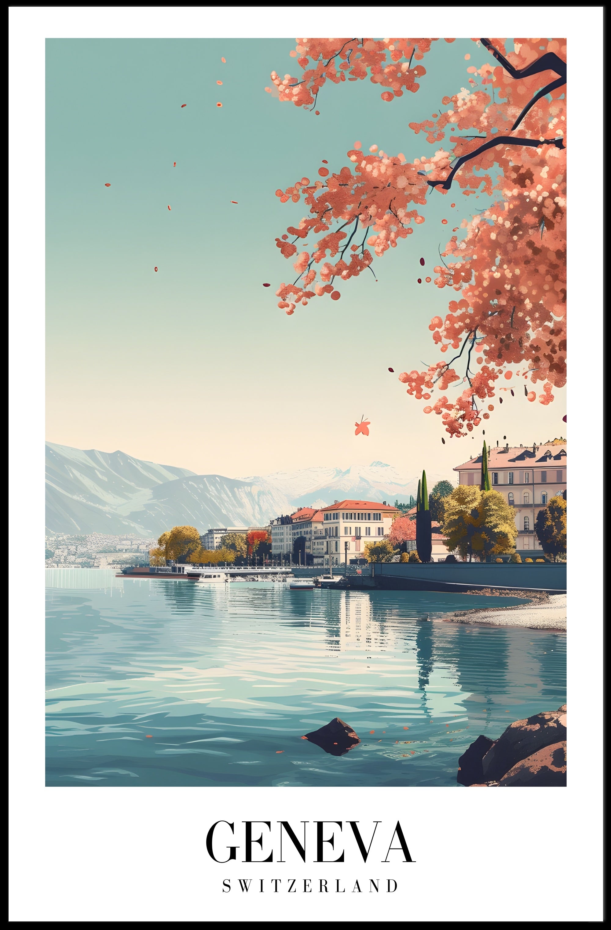 Geneva Tranquil Lakeside Scene Modern Travel Poster PosterGoat