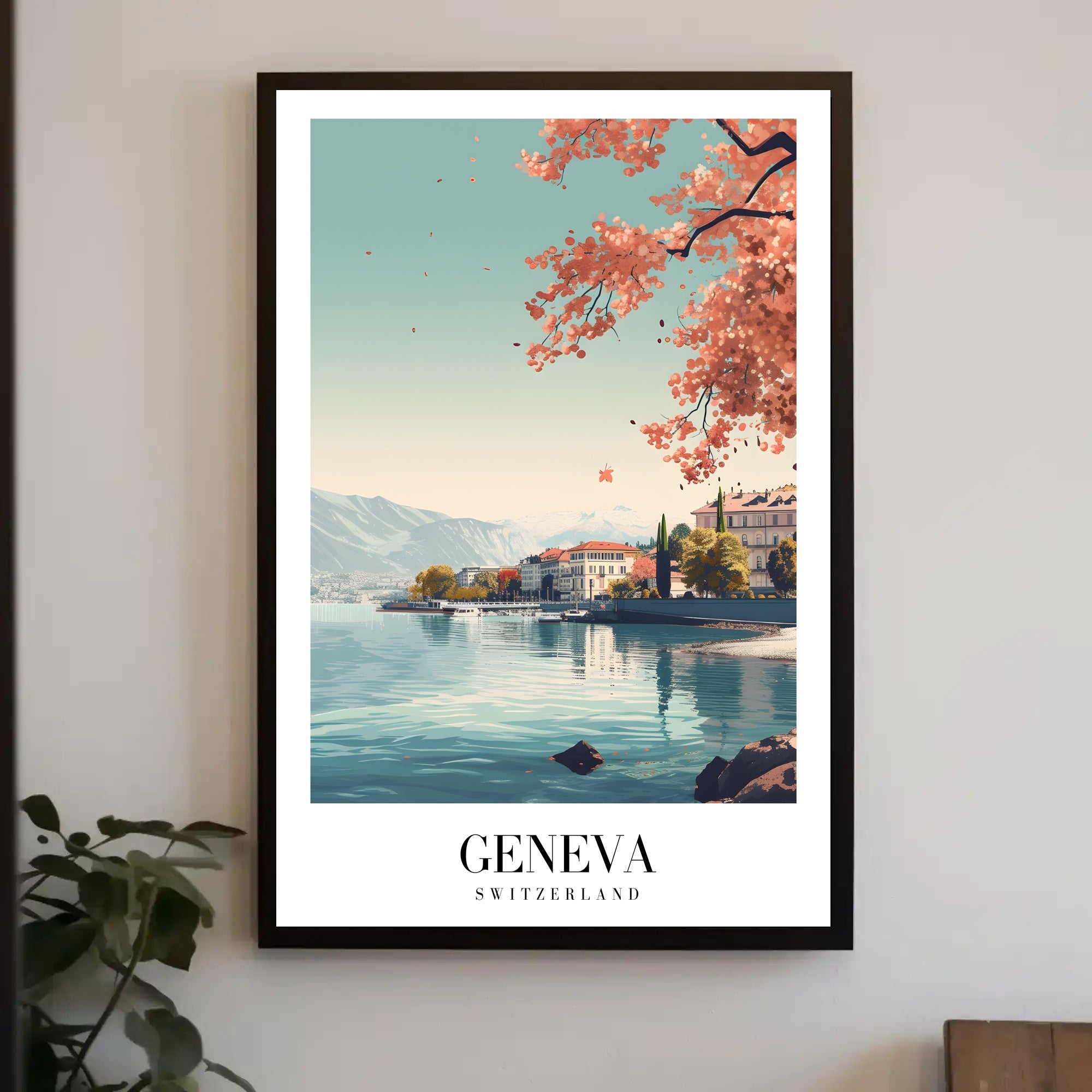 Geneva Tranquil Lakeside Scene Modern Travel Poster PosterGoat