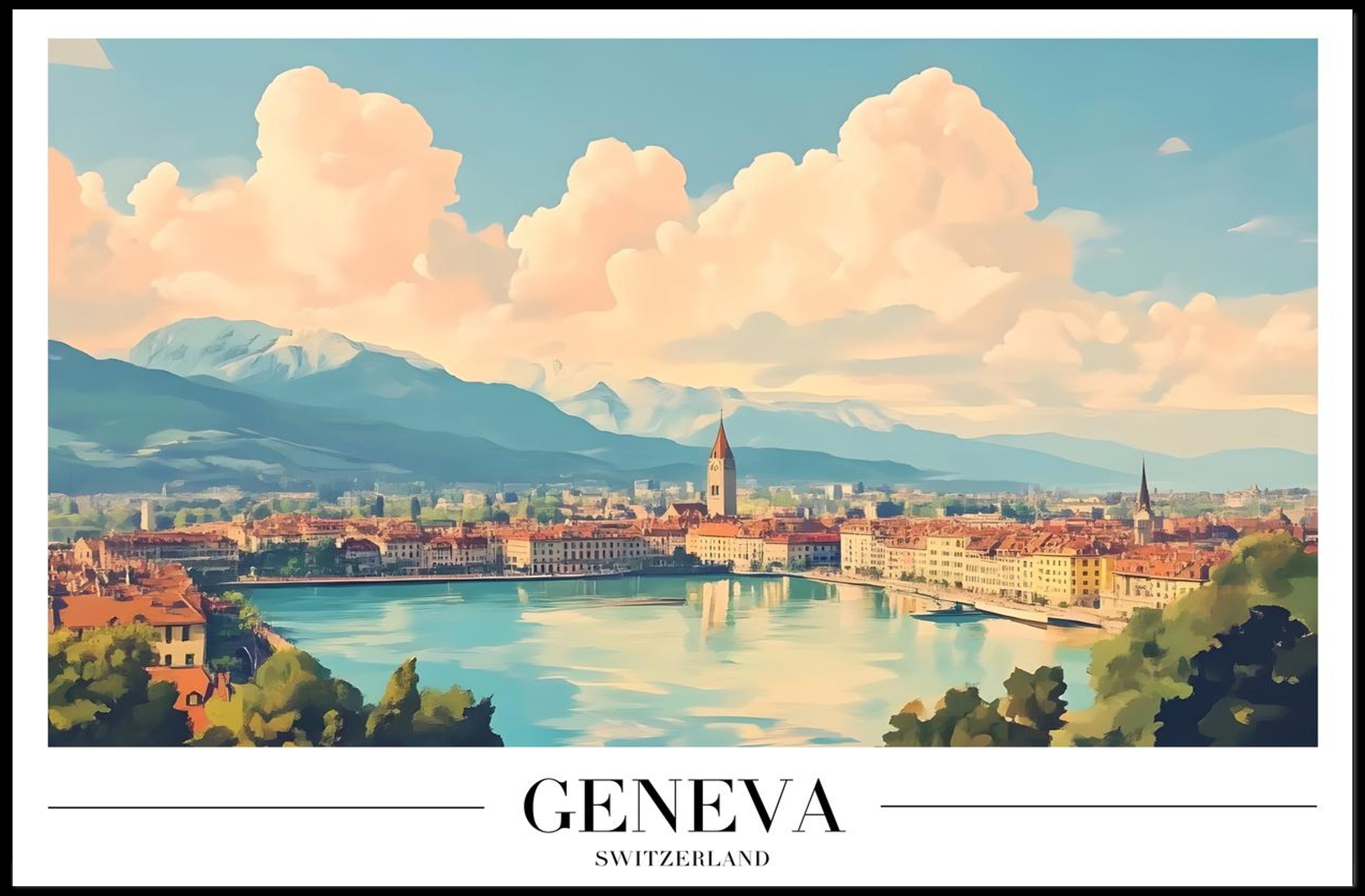 Geneva Travel Poster: Serene European Landscape with Lake View PosterGoat