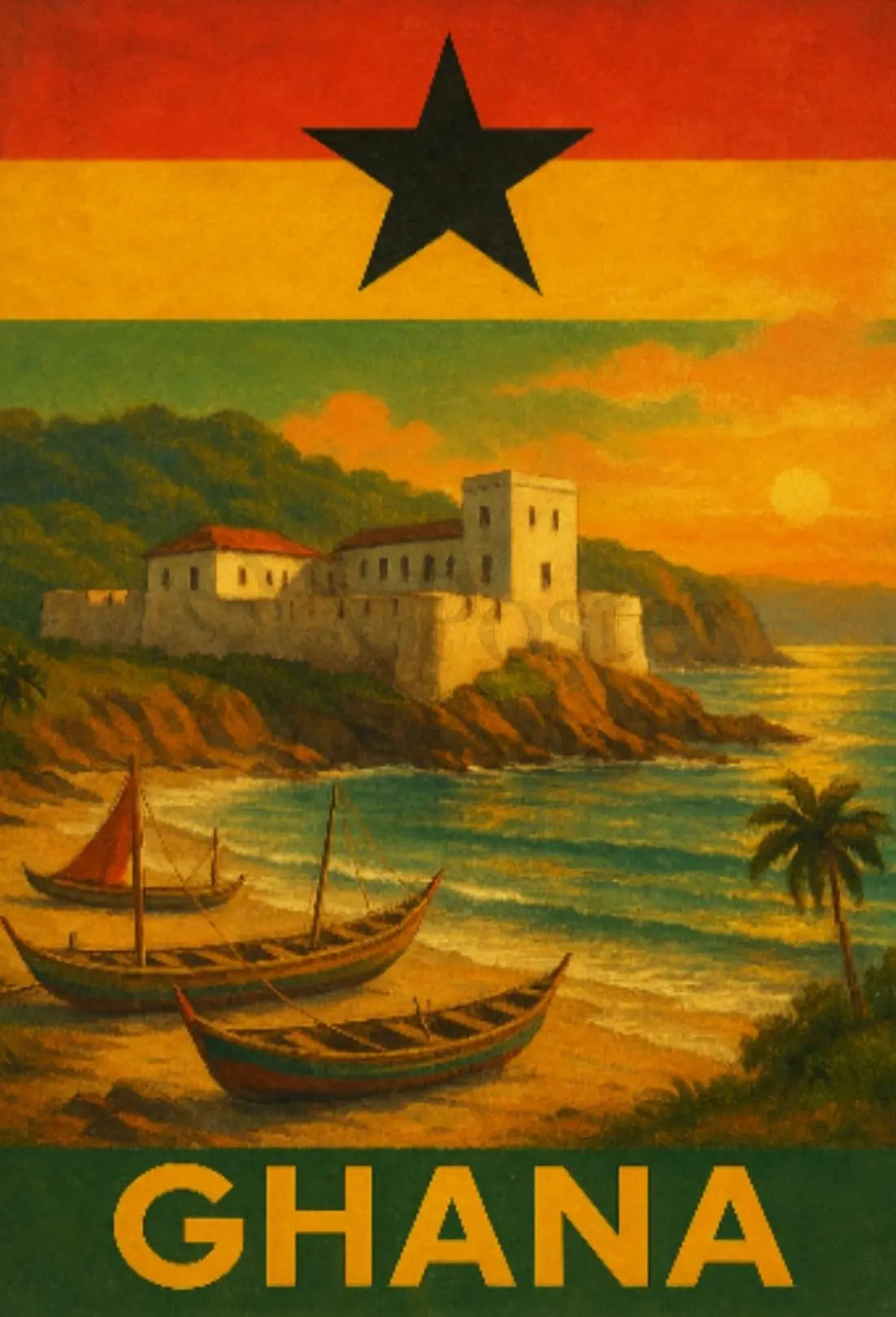 Ghanaian Coastal Heritage Vintage Travel Poster PosterGoat