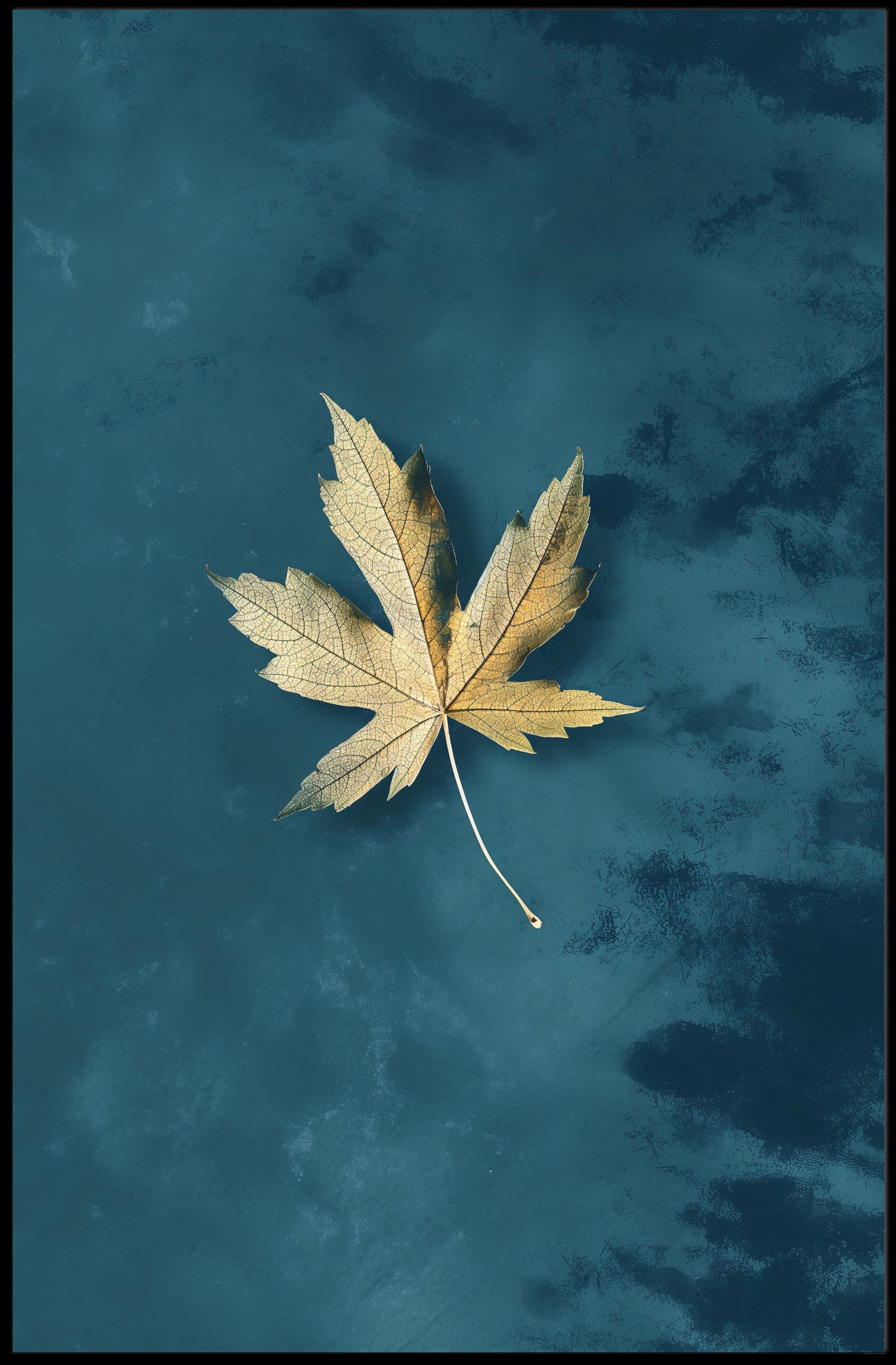 Golden Leaf on Teal Modern Artistic Poster PosterGoat