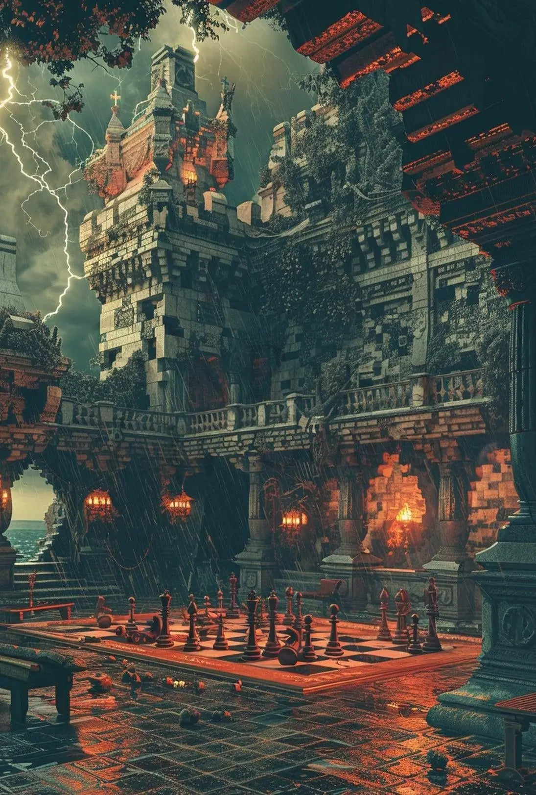 Gothic Castle Chess Storm - Abstract, Artistic, or Pop Culture Poster PosterGoat