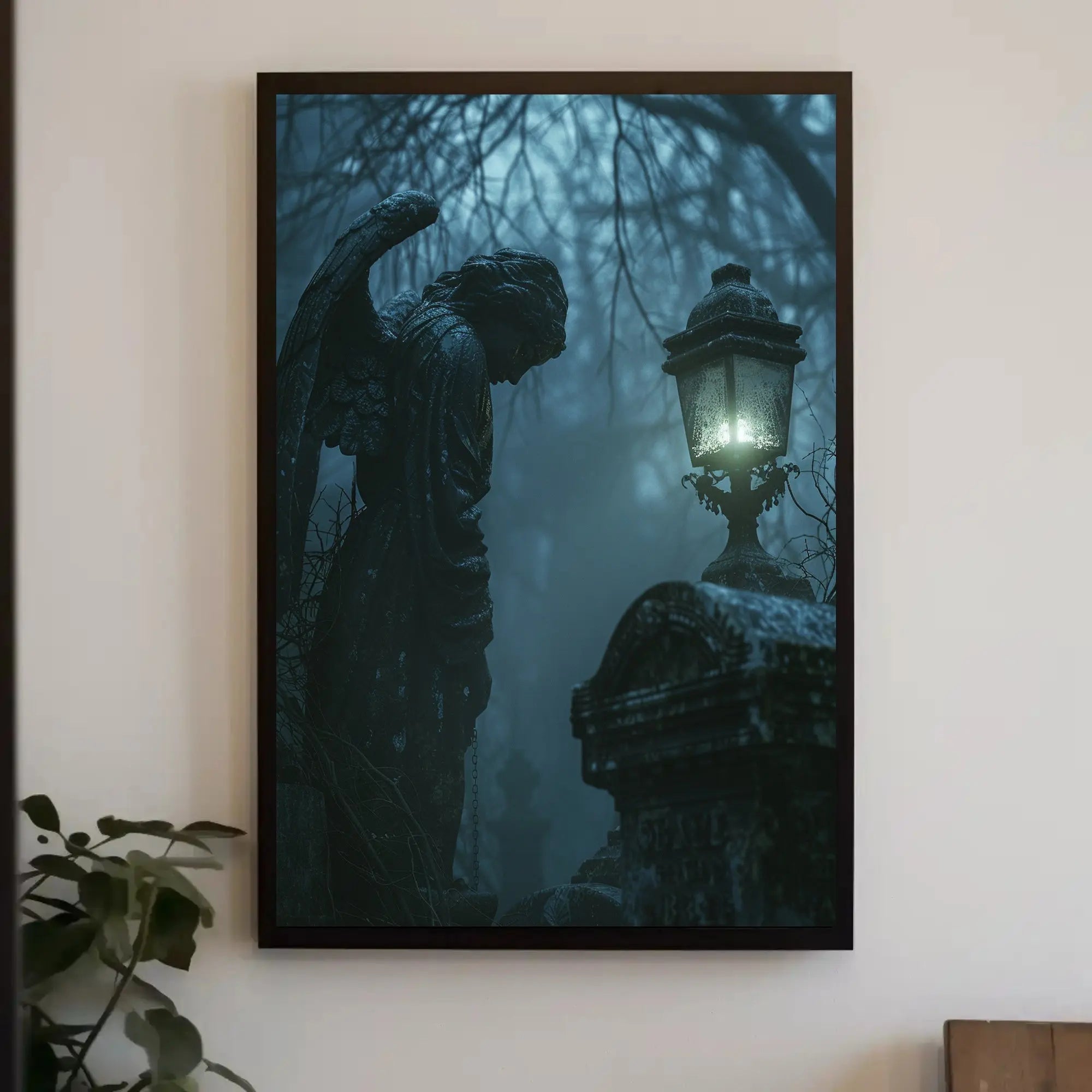 Gothic Cemetery Scene with Angel Statue Art Poster PosterGoat