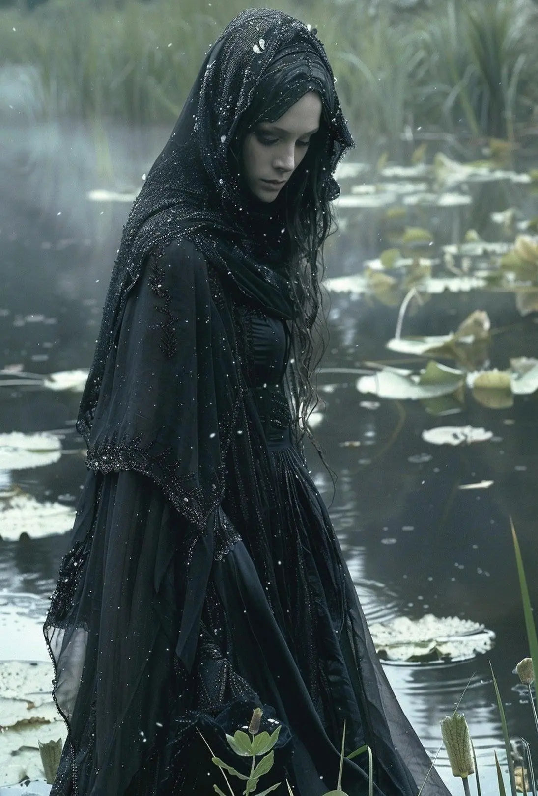 Gothic Lady by Water Lily Pond: Artistic Poster PosterGoat
