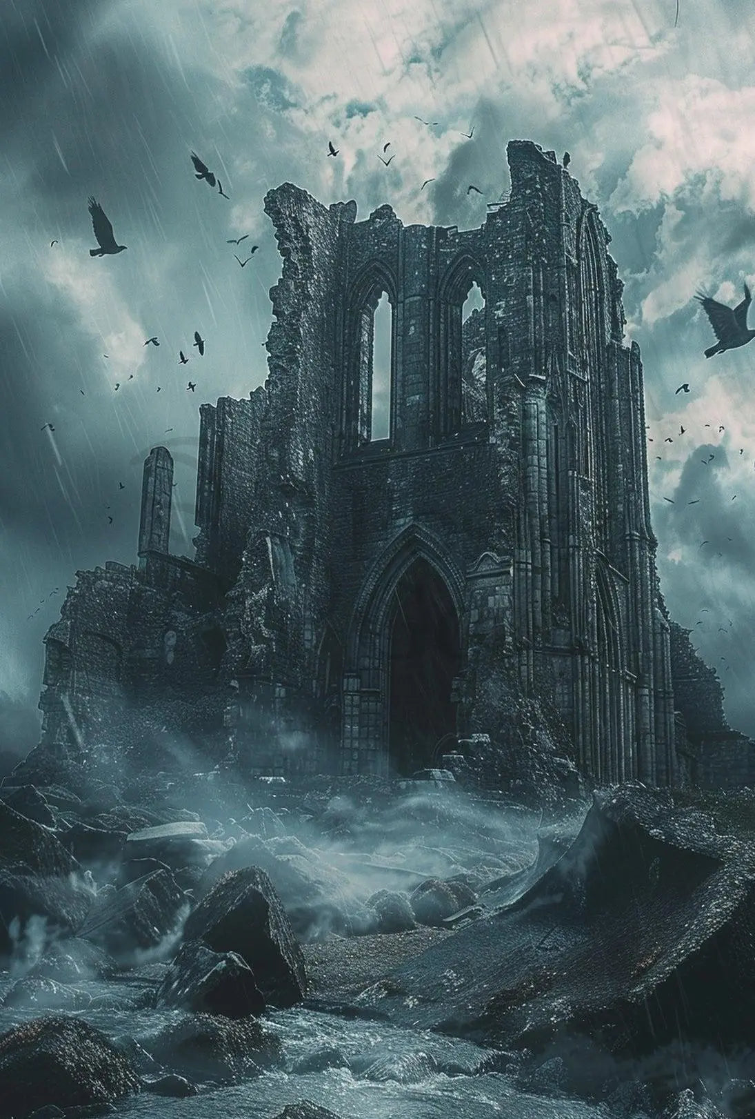 Gothic Ruins in Stormy Seas Artistic Poster PosterGoat