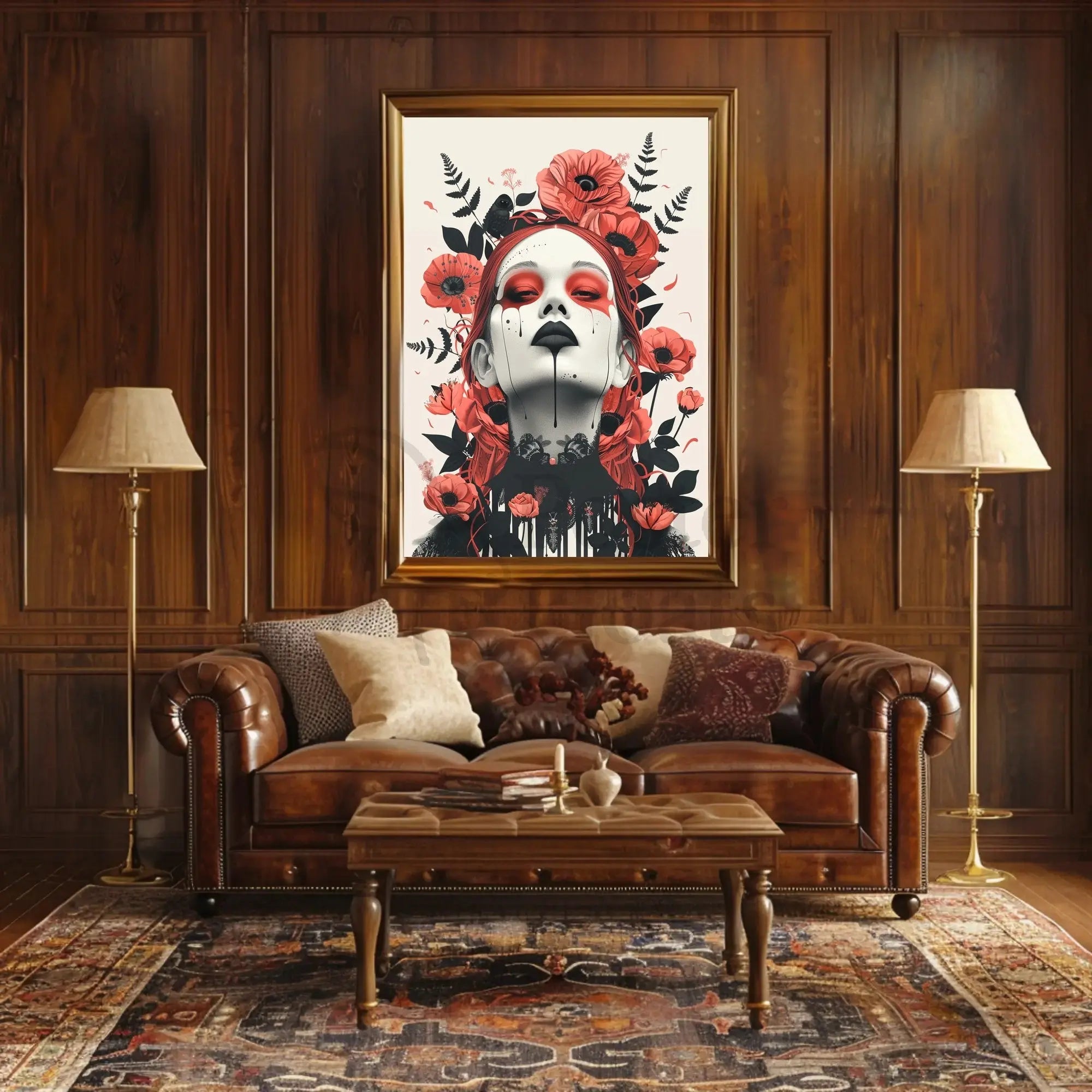 Gothic Surrealism Women's Portrait with Floral Fantasy Art Poster PosterGoat