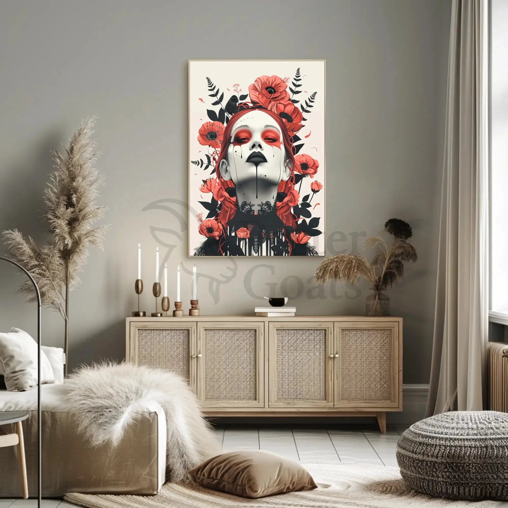 Gothic Surrealism Women's Portrait with Floral Fantasy Art Poster PosterGoat