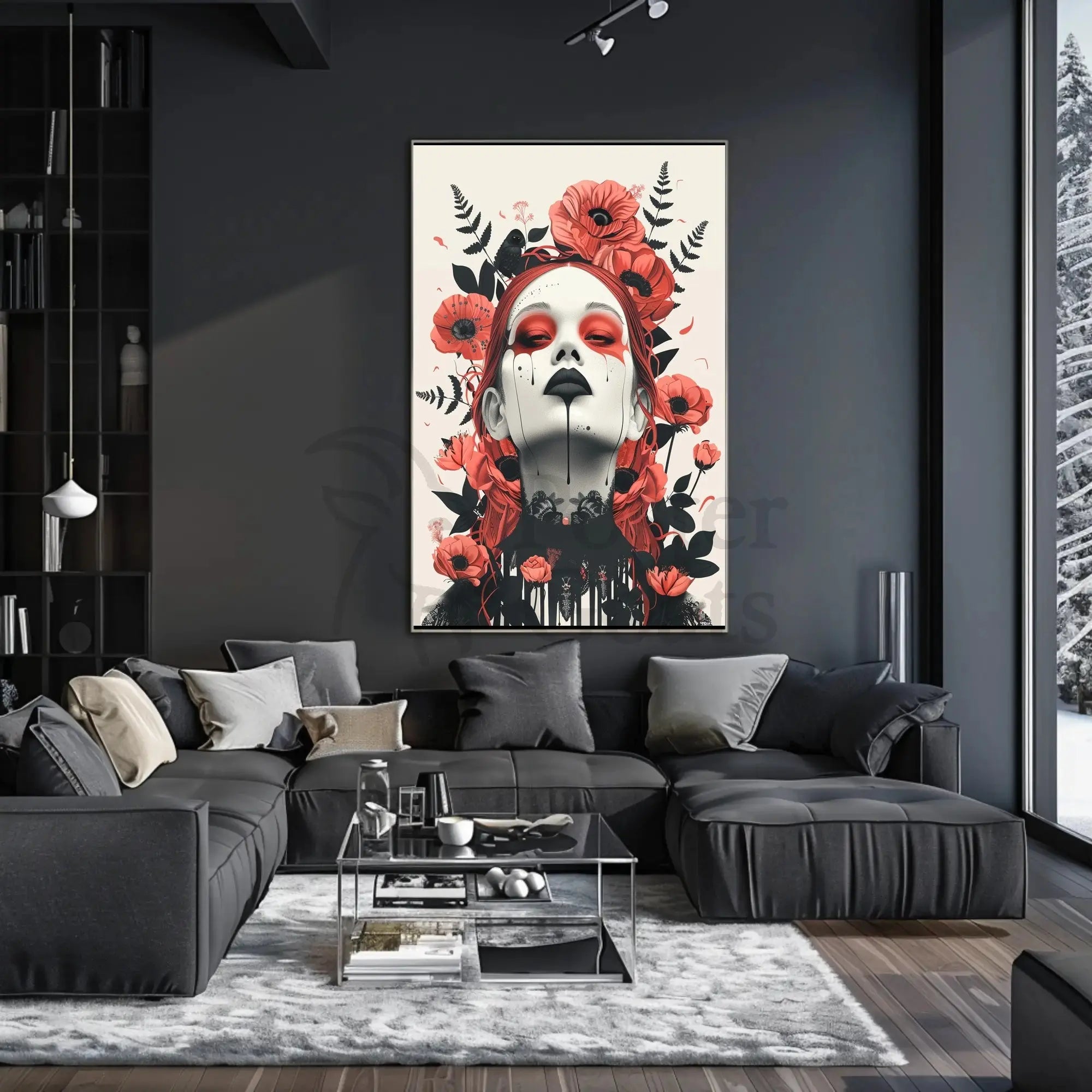 Gothic Surrealism Women's Portrait with Floral Fantasy Art Poster PosterGoat