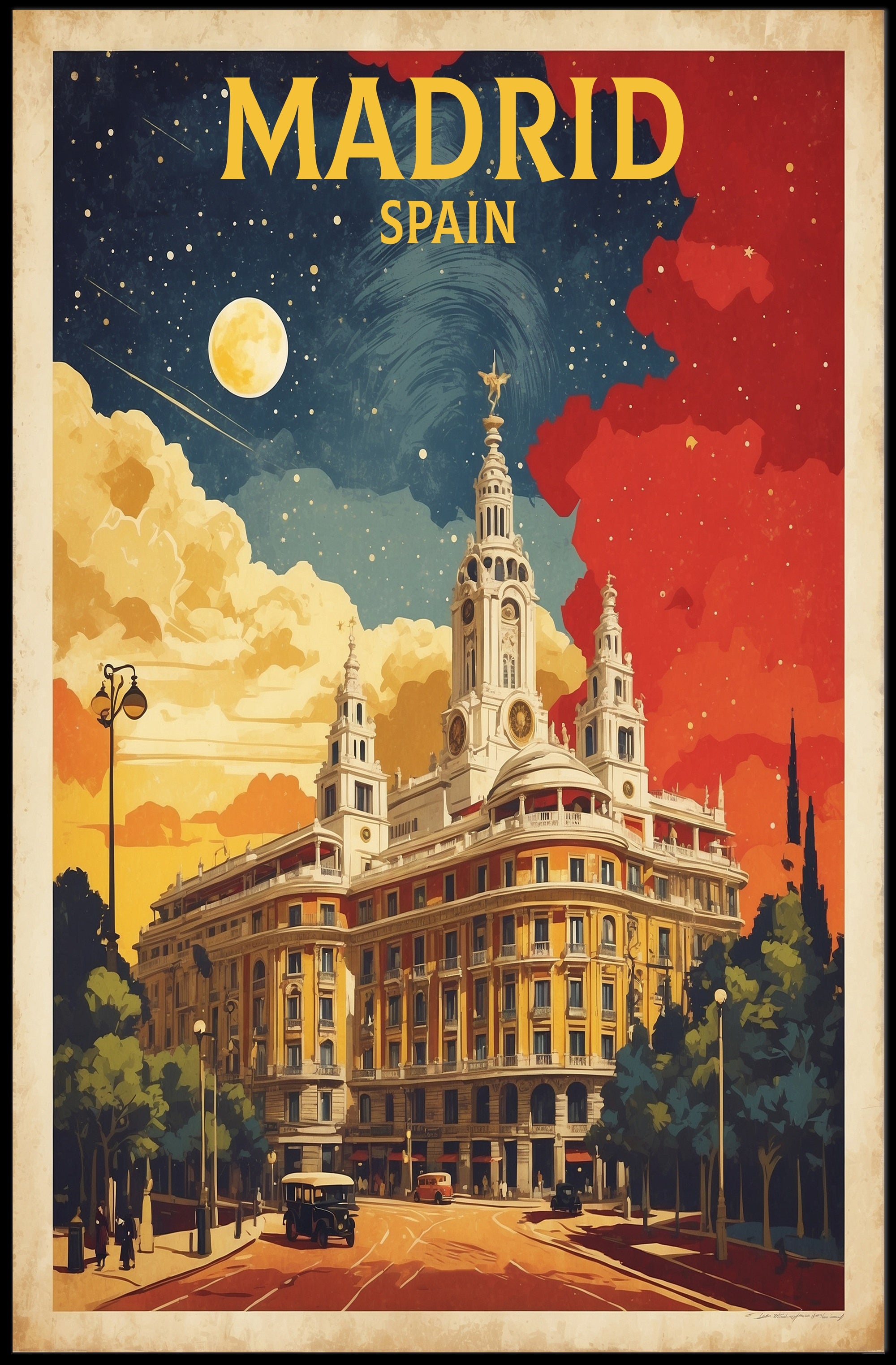 Grand Historical Building in Vintage Madrid Urban or Cityscape Poster PosterGoat