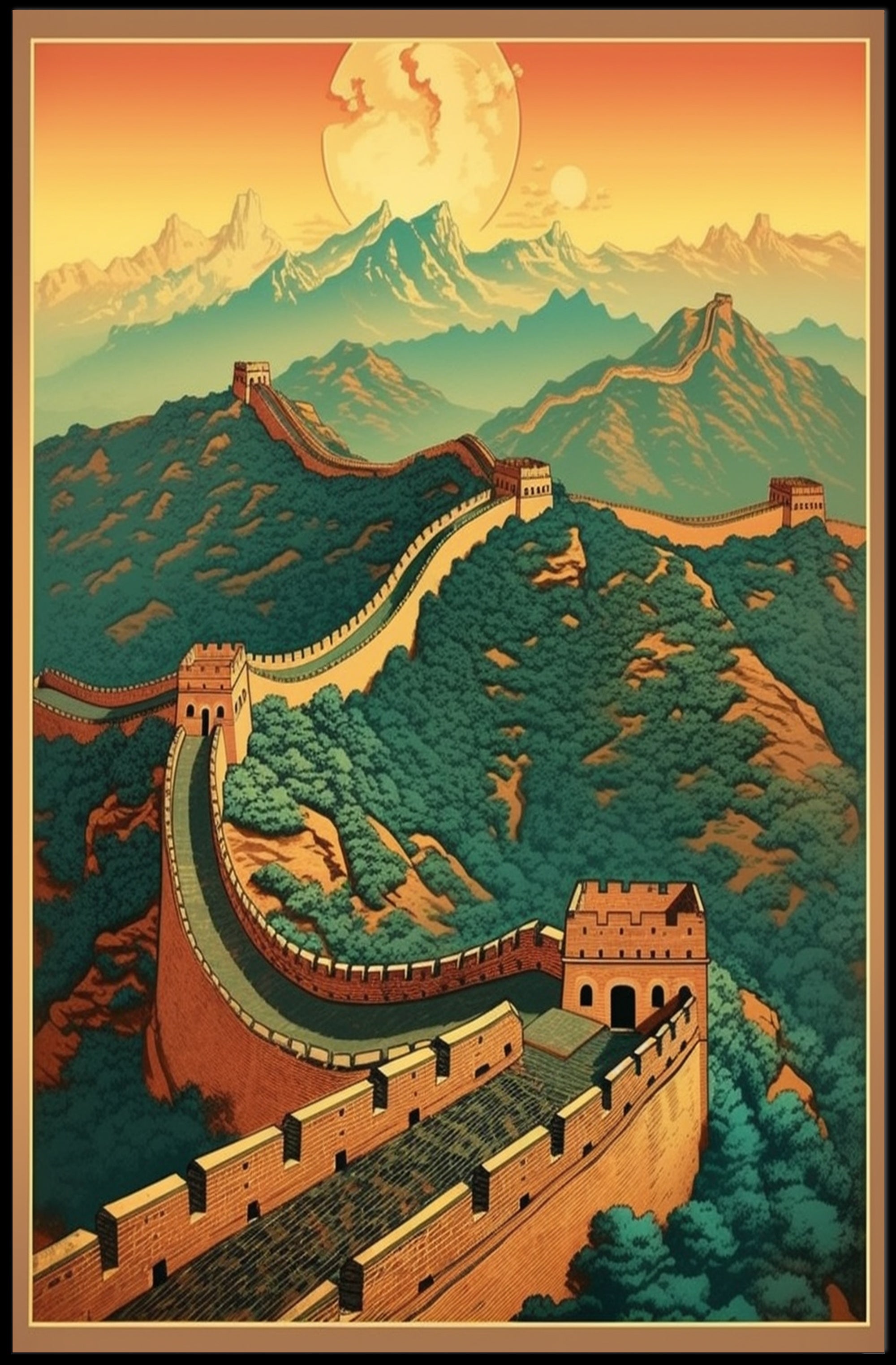 Great Wall under Moon: Cultural or Heritage Poster PosterGoat