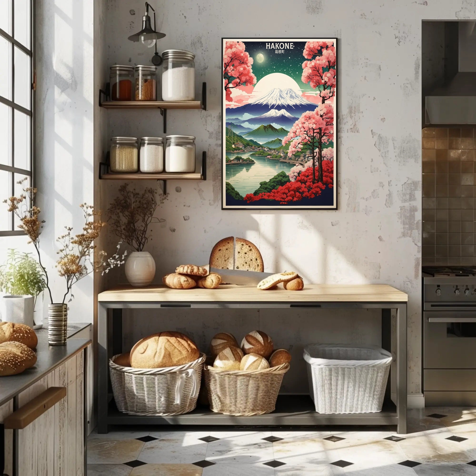 Hakone Cherry Blossoms and Mountains Travel Poster PosterGoat