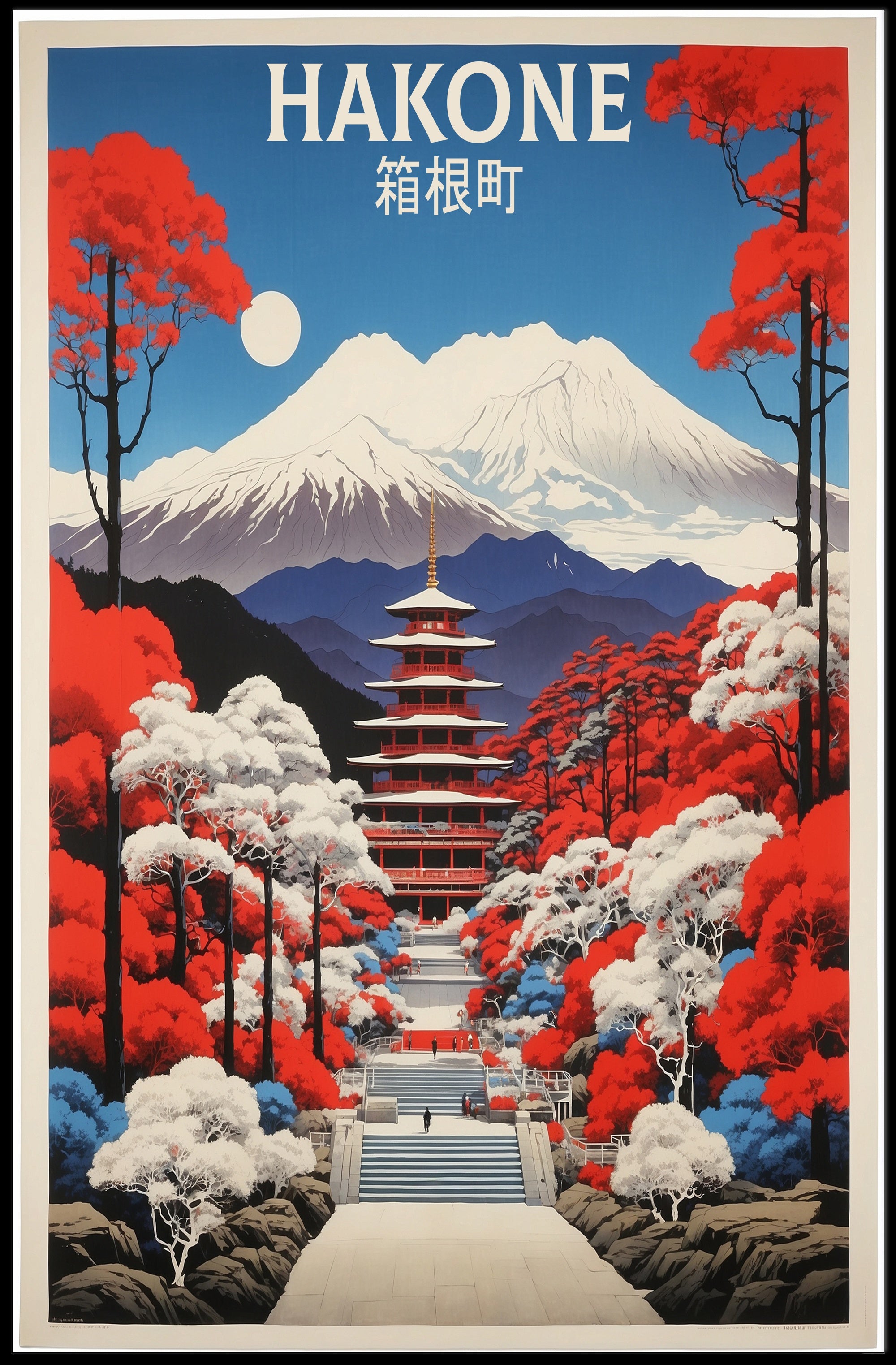 Hakone Vintage Travel Art with Pagoda and Mountains Poster PosterGoat