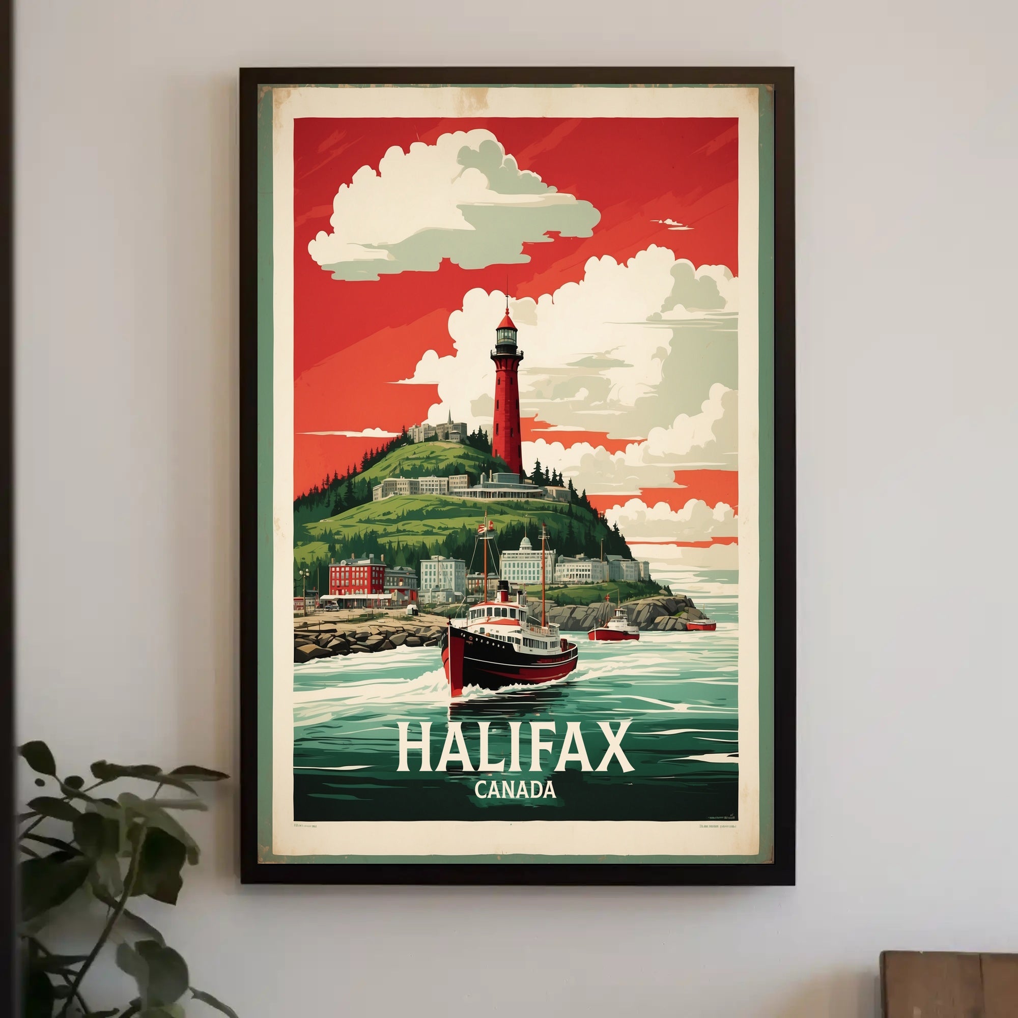 Halifax Vintage Travel Art with Red Lighthouse Travel Poster PosterGoat