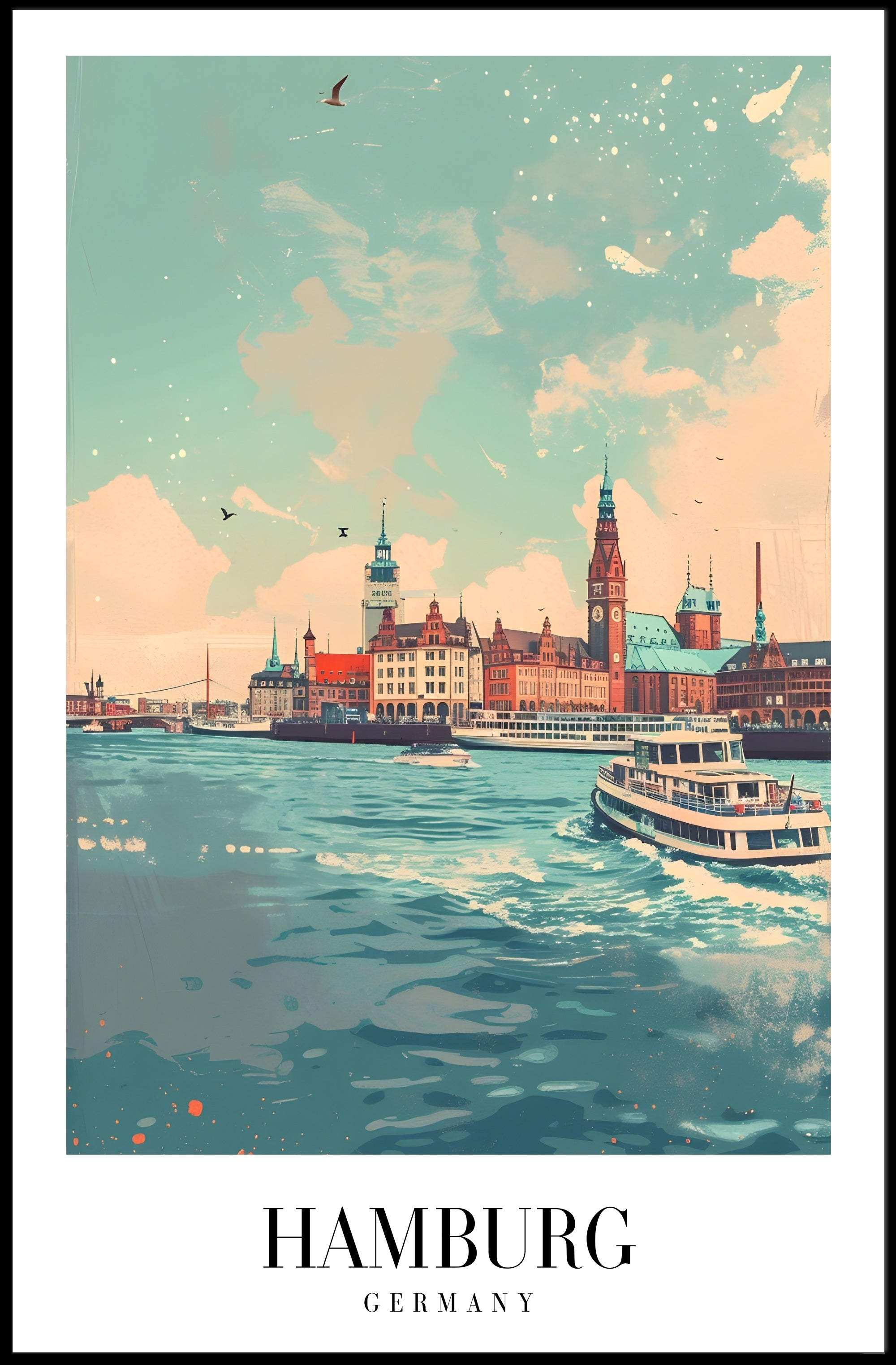 Hamburg Scenic View Vintage Illustration Urban or Cityscape Poster PosterGoat
