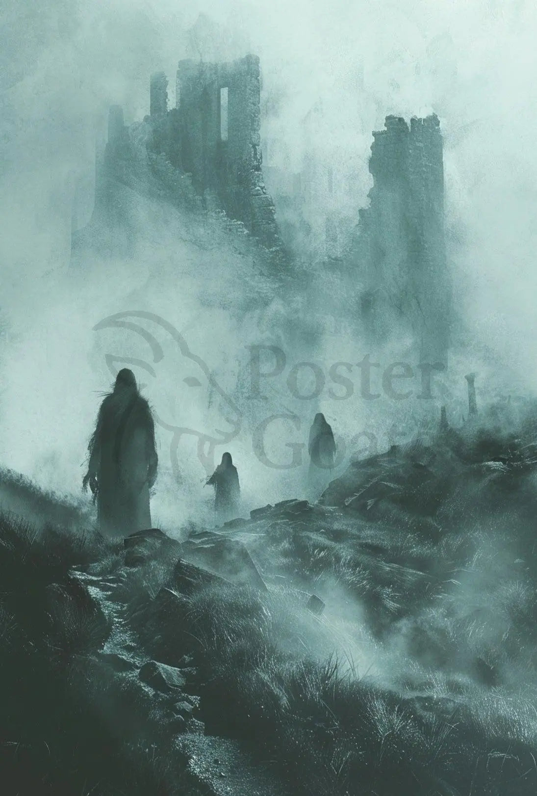 Haunting Cloaked Figures in Mystical Ruins Artistic Poster PosterGoat
