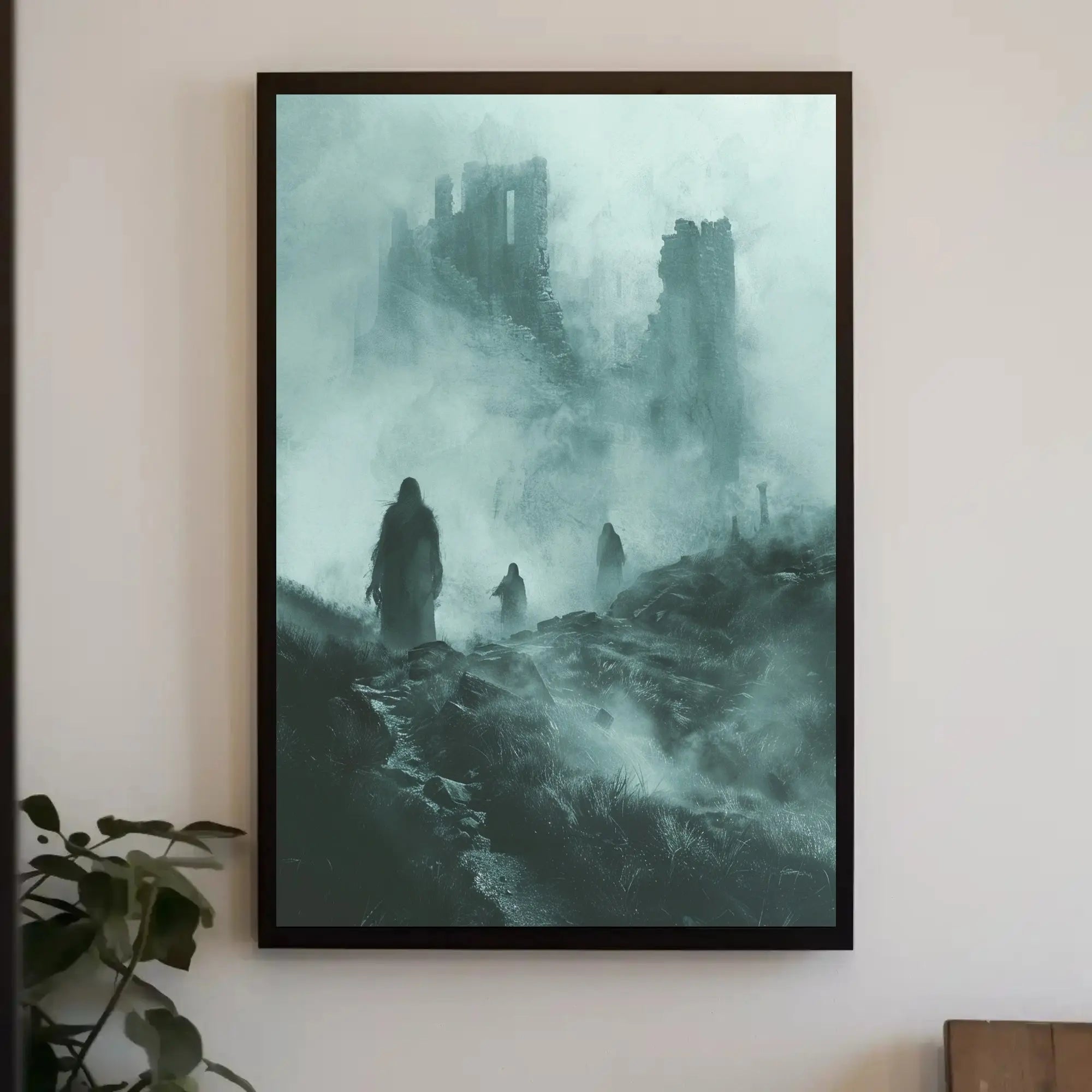 Haunting Cloaked Figures in Mystical Ruins Artistic Poster PosterGoat