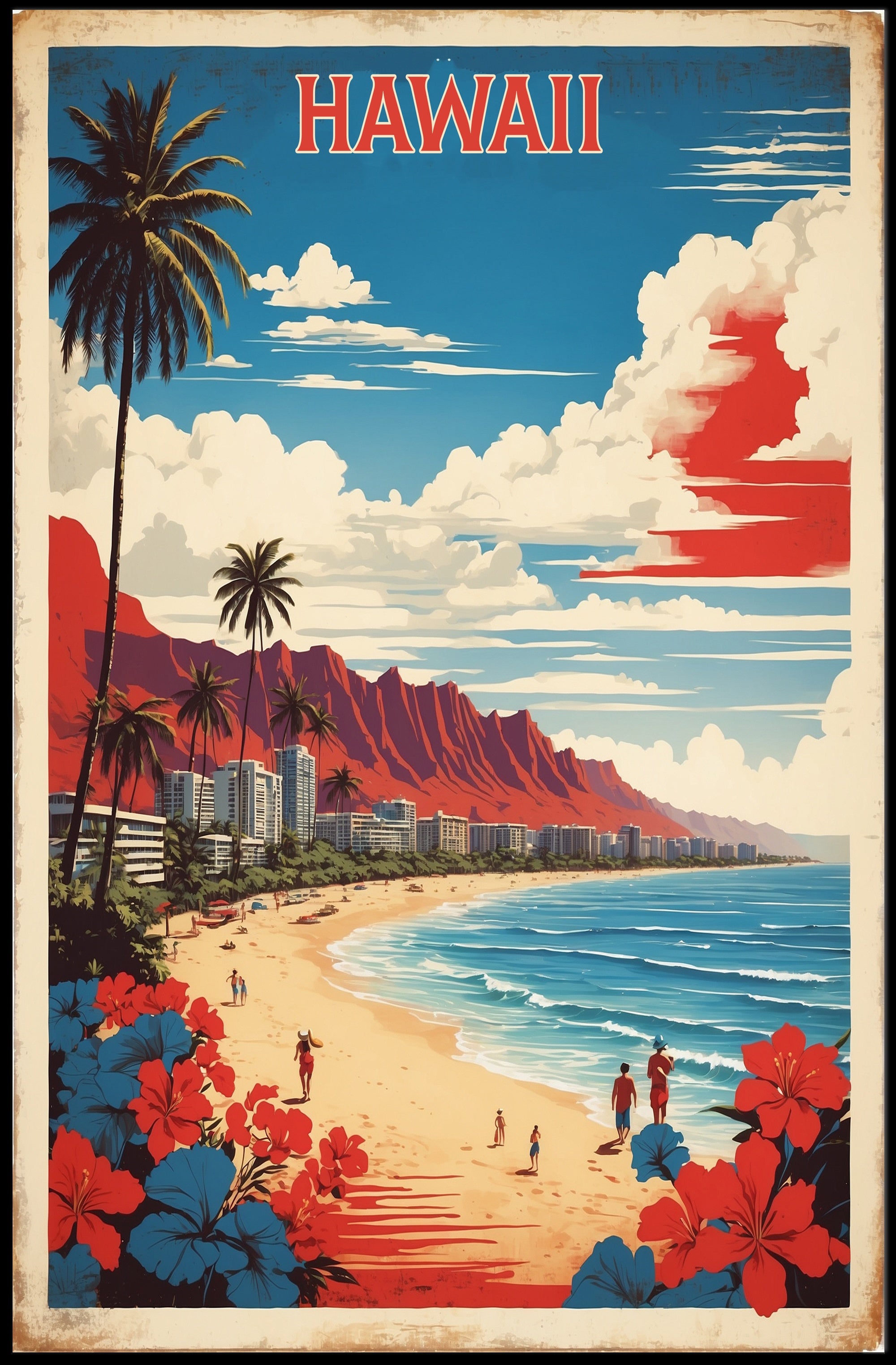 Hawaiian Beach Scene: Vintage Tropical Paradise Travel Poster PosterGoat