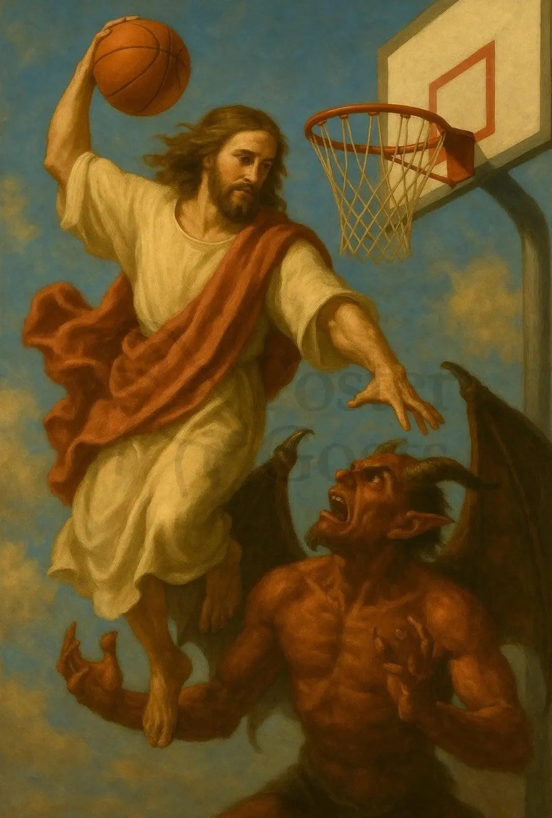 Heavenly Basketball Showdown Dramatic Sports Poster PosterGoat