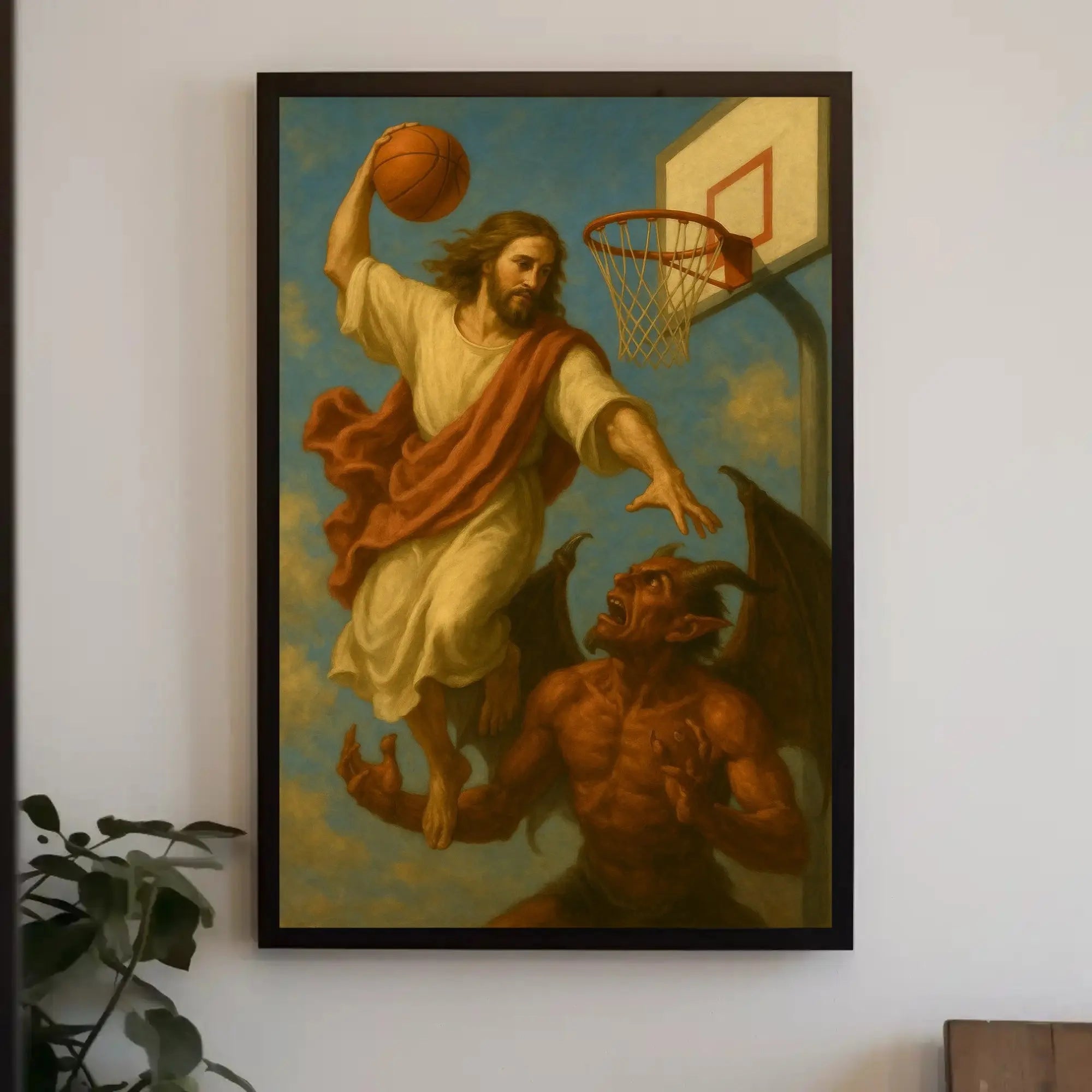 Heavenly Basketball Showdown Dramatic Sports Poster PosterGoat