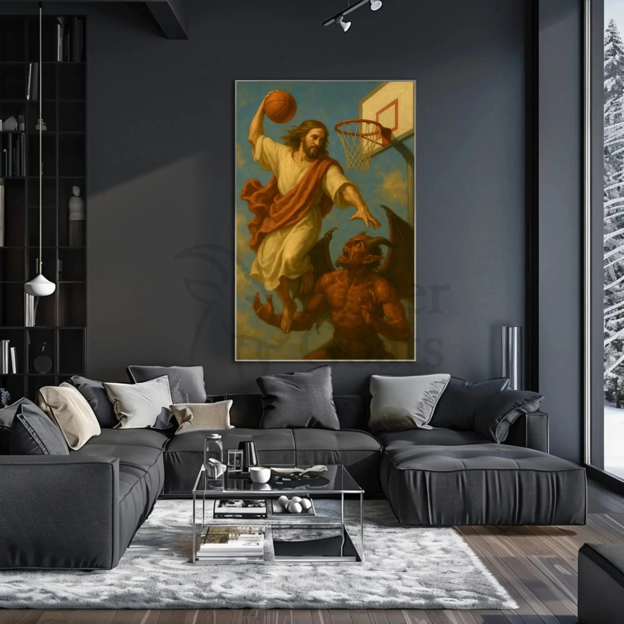 Heavenly Basketball Showdown Dramatic Sports Poster PosterGoat