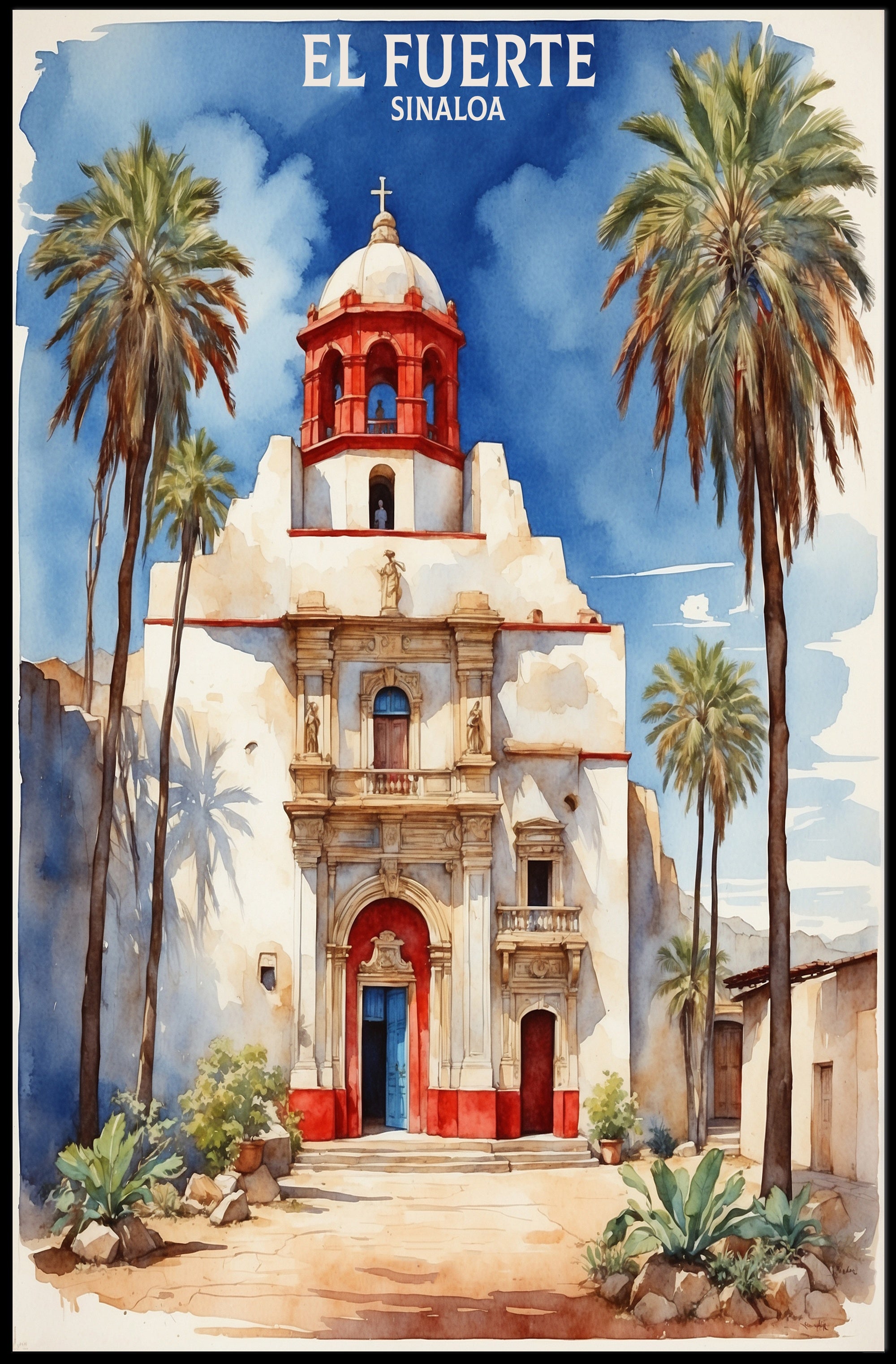 Historic El Fuerte Church Watercolor Cultural Heritage Poster PosterGoat