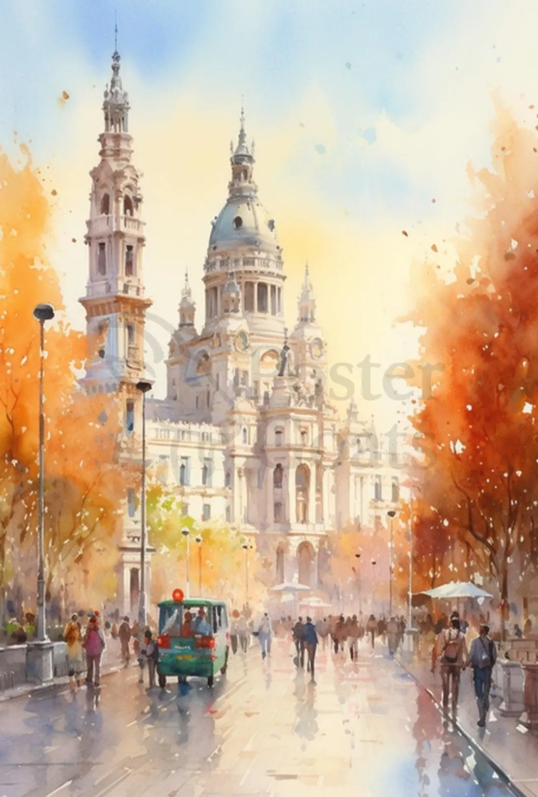 Historic European Cityscape Watercolor Autumn Travel Poster PosterGoat