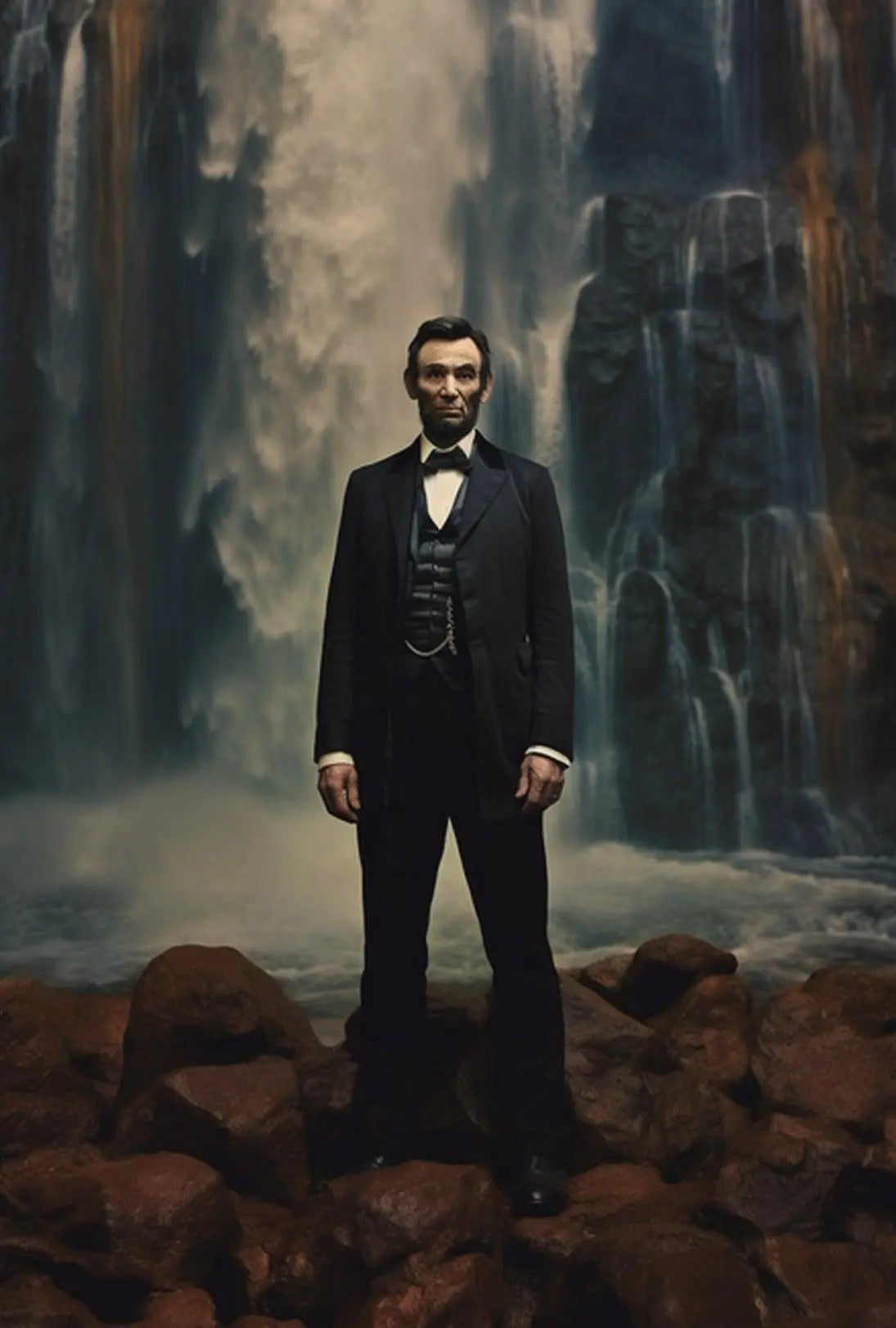 Historical Figure Against Waterfall Art Poster PosterGoat