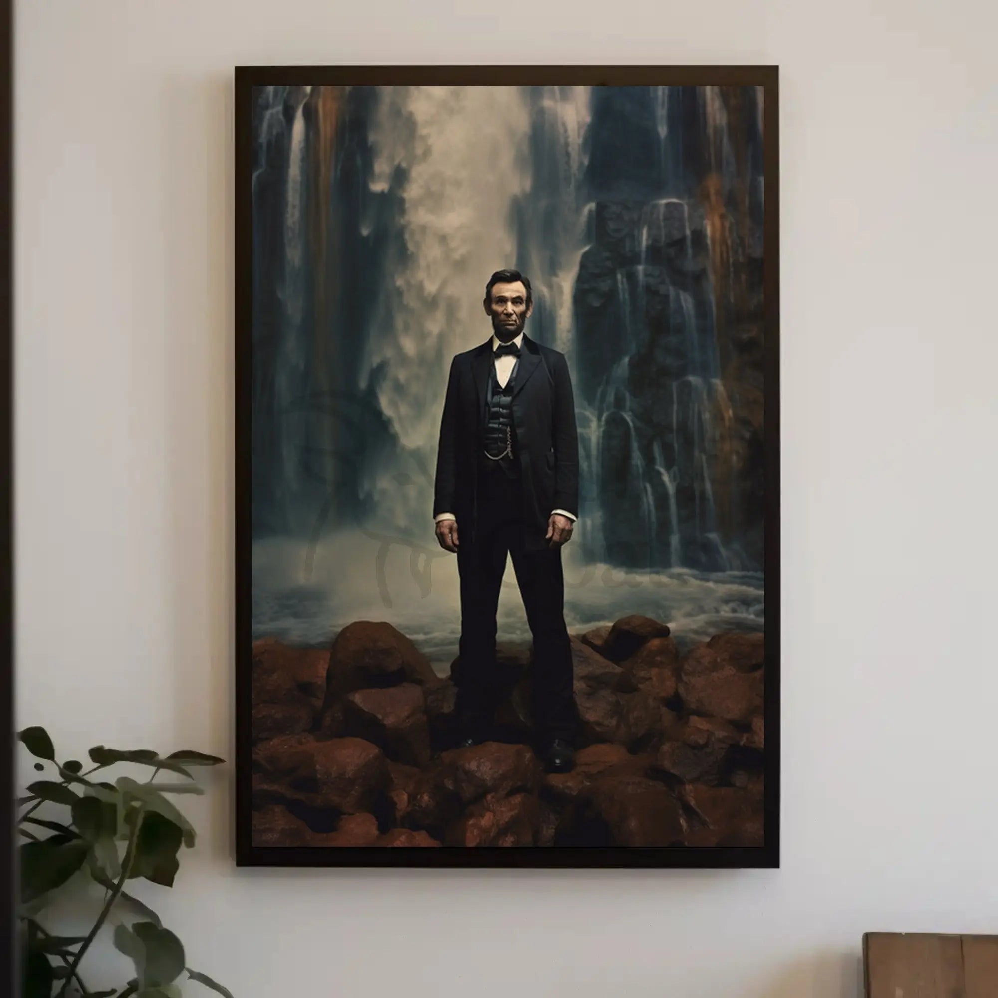 Historical Figure Against Waterfall Art Poster PosterGoat