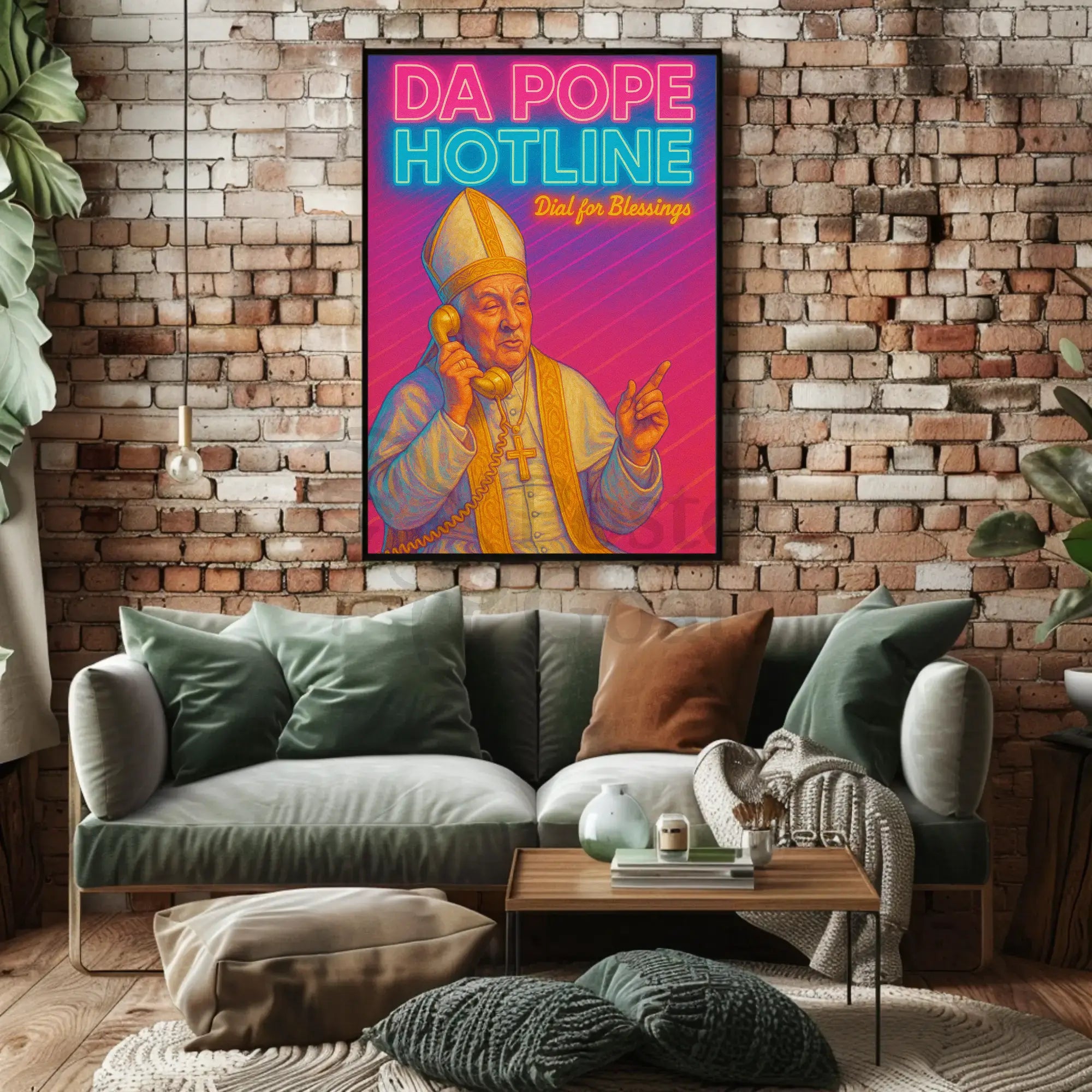 Holy Hotline: Da Pope Neon Pop Culture Poster PosterGoat