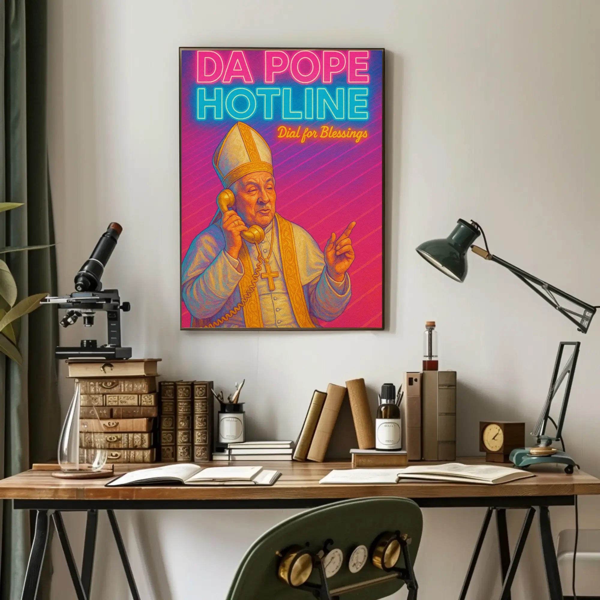 Holy Hotline: Da Pope Neon Pop Culture Poster PosterGoat