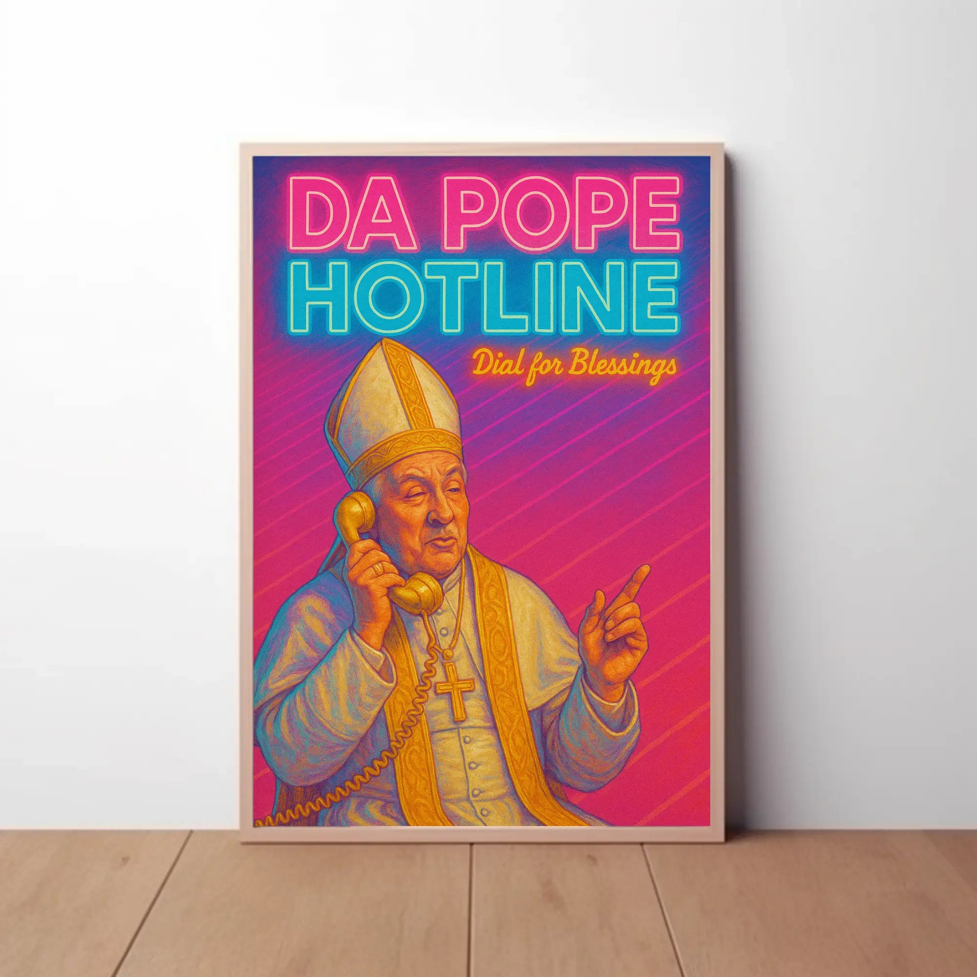 Holy Hotline: Da Pope Neon Pop Culture Poster PosterGoat