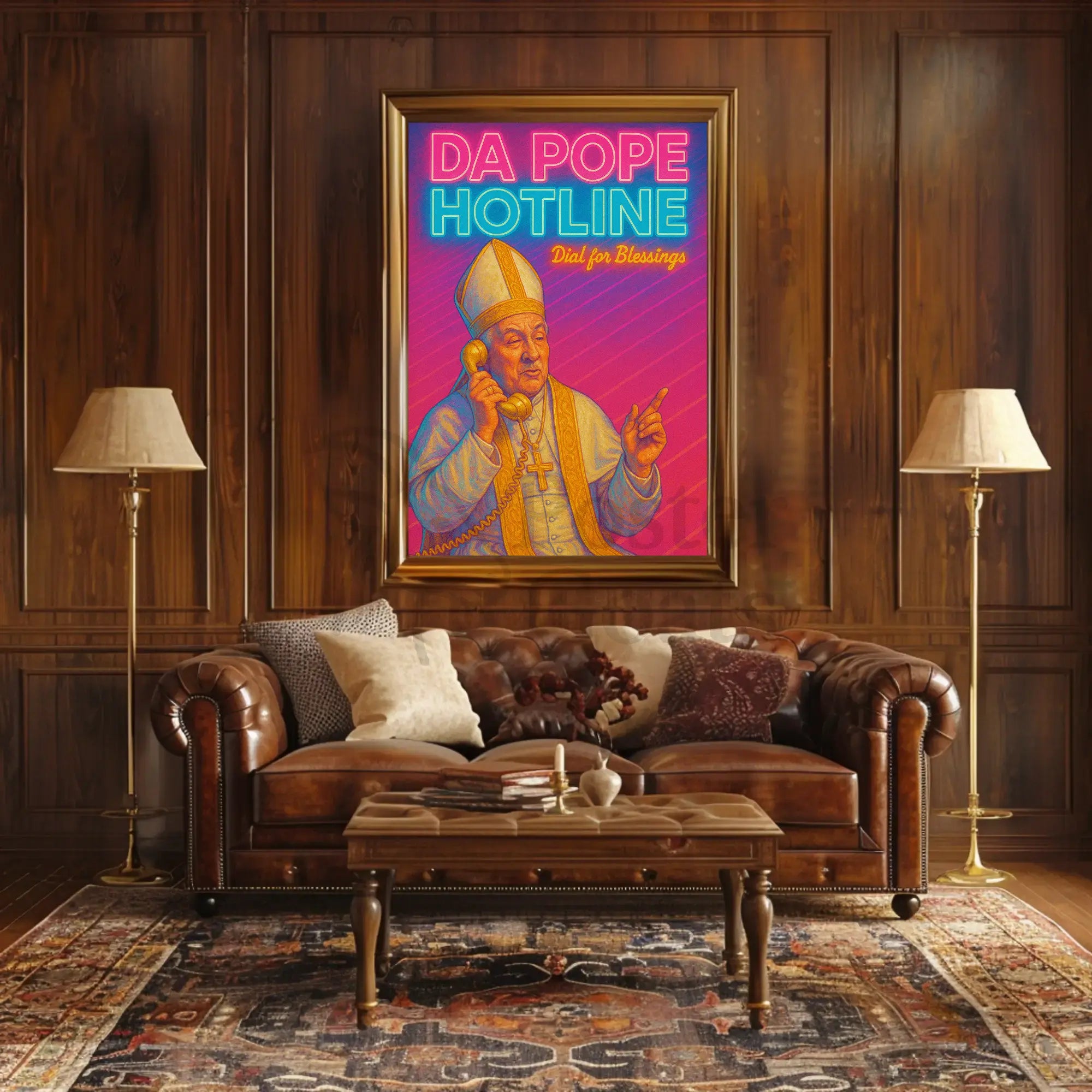 Holy Hotline: Da Pope Neon Pop Culture Poster PosterGoat