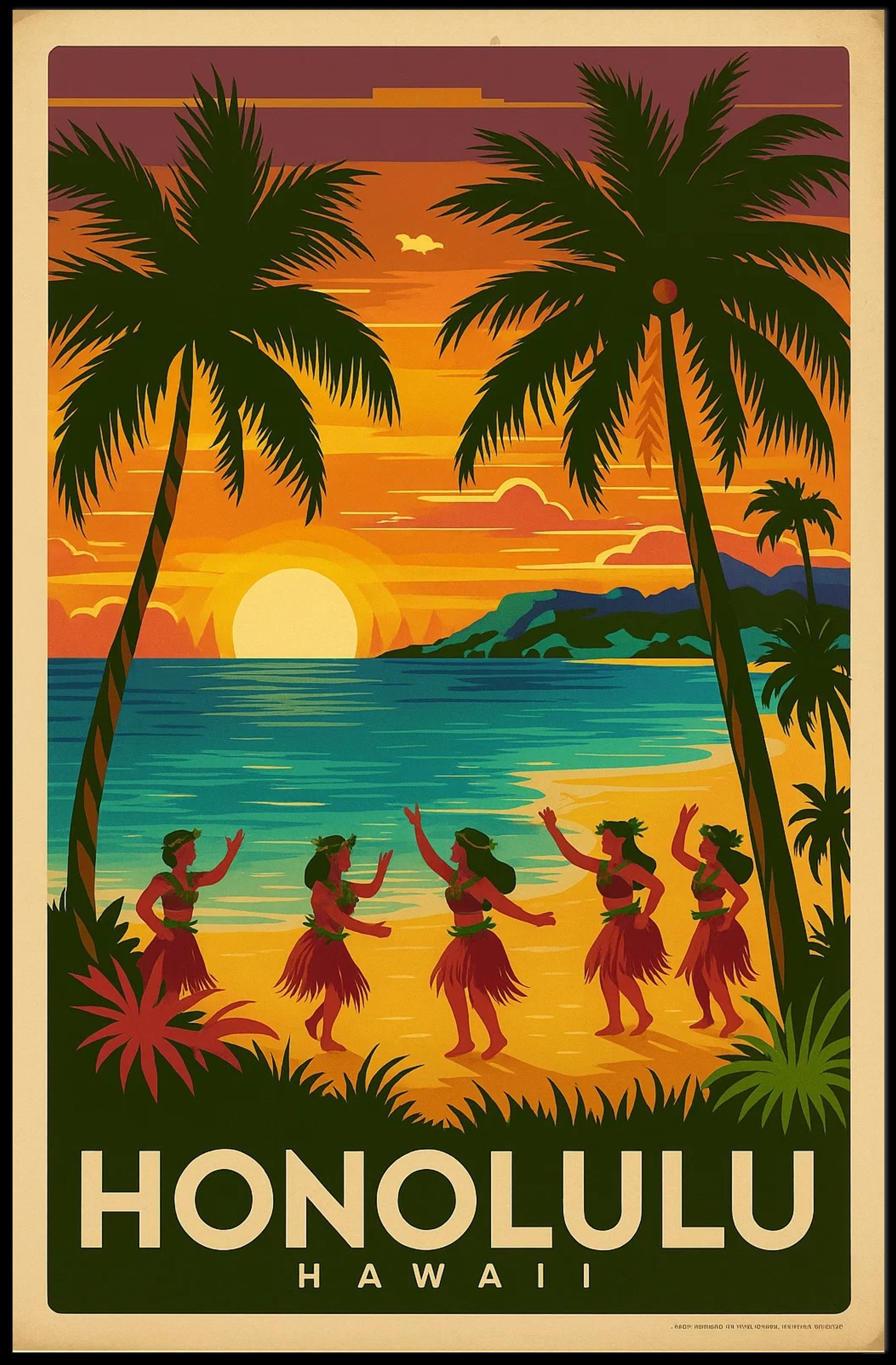 Honolulu Vintage Hula Beach Travel Poster PosterGoat