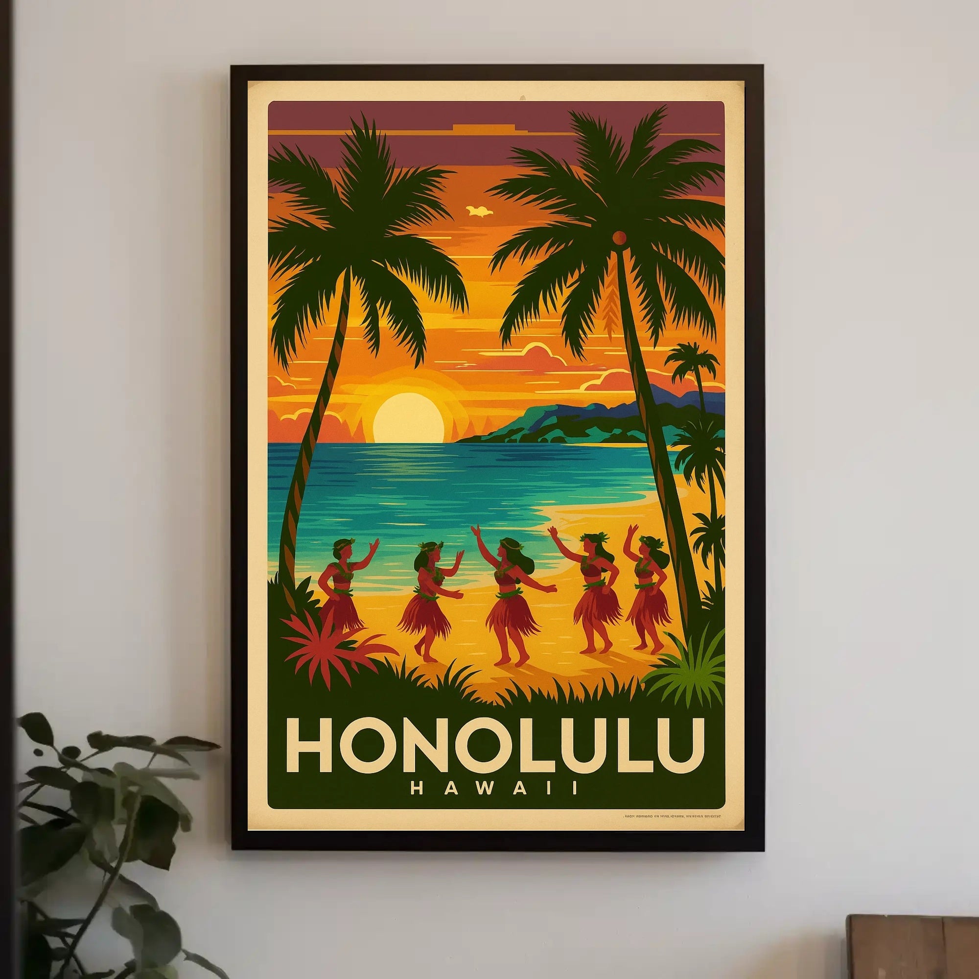 Honolulu Vintage Hula Beach Travel Poster PosterGoat