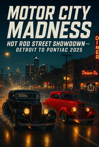 Hot Rod Street Showdown in Detroit Futuristic Sci-Fi Poster PosterGoat
