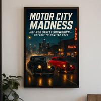Hot Rod Street Showdown in Detroit Futuristic Sci-Fi Poster PosterGoat