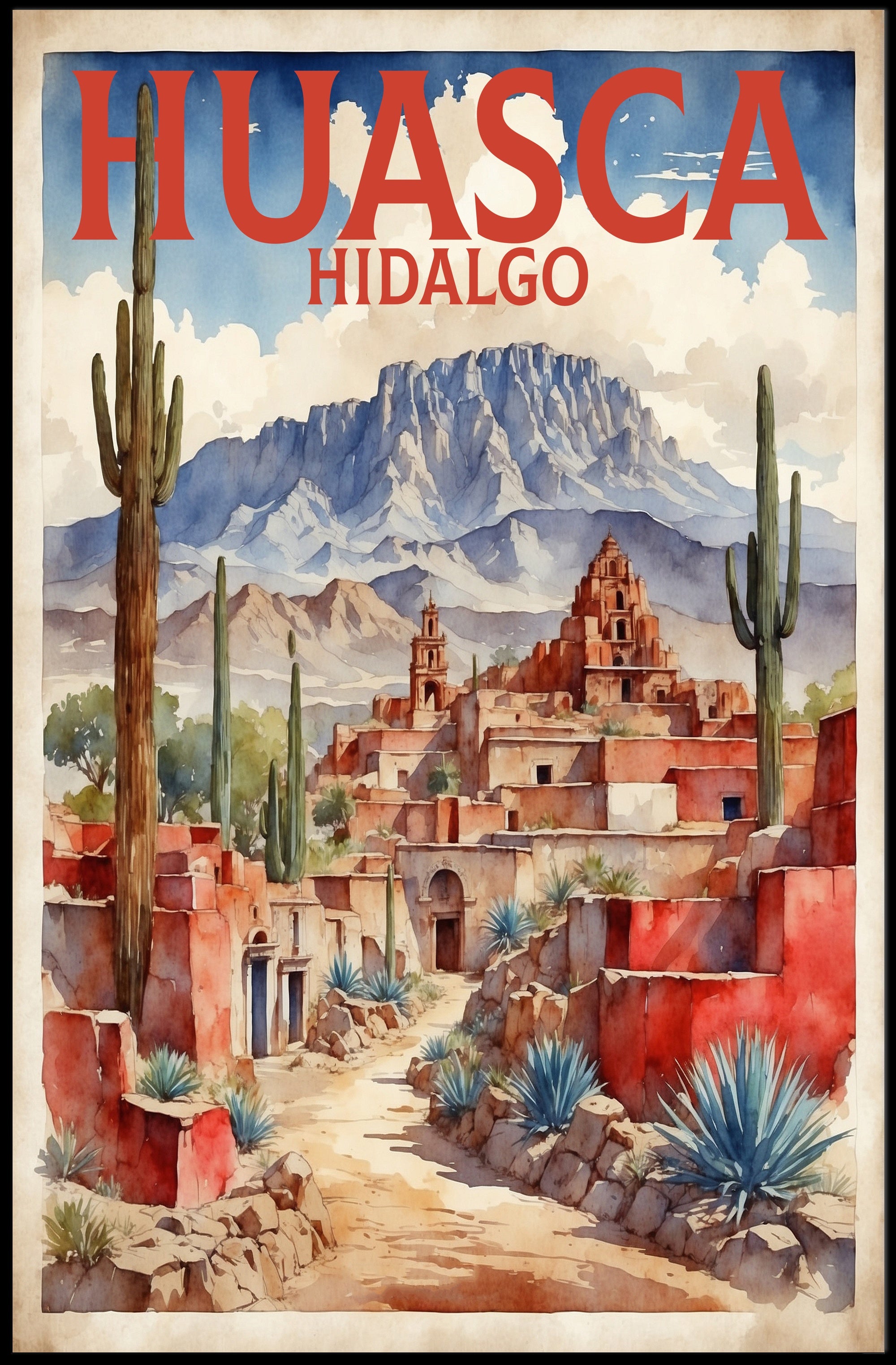 Huasca de Ocampo Watercolor Travel Poster PosterGoat