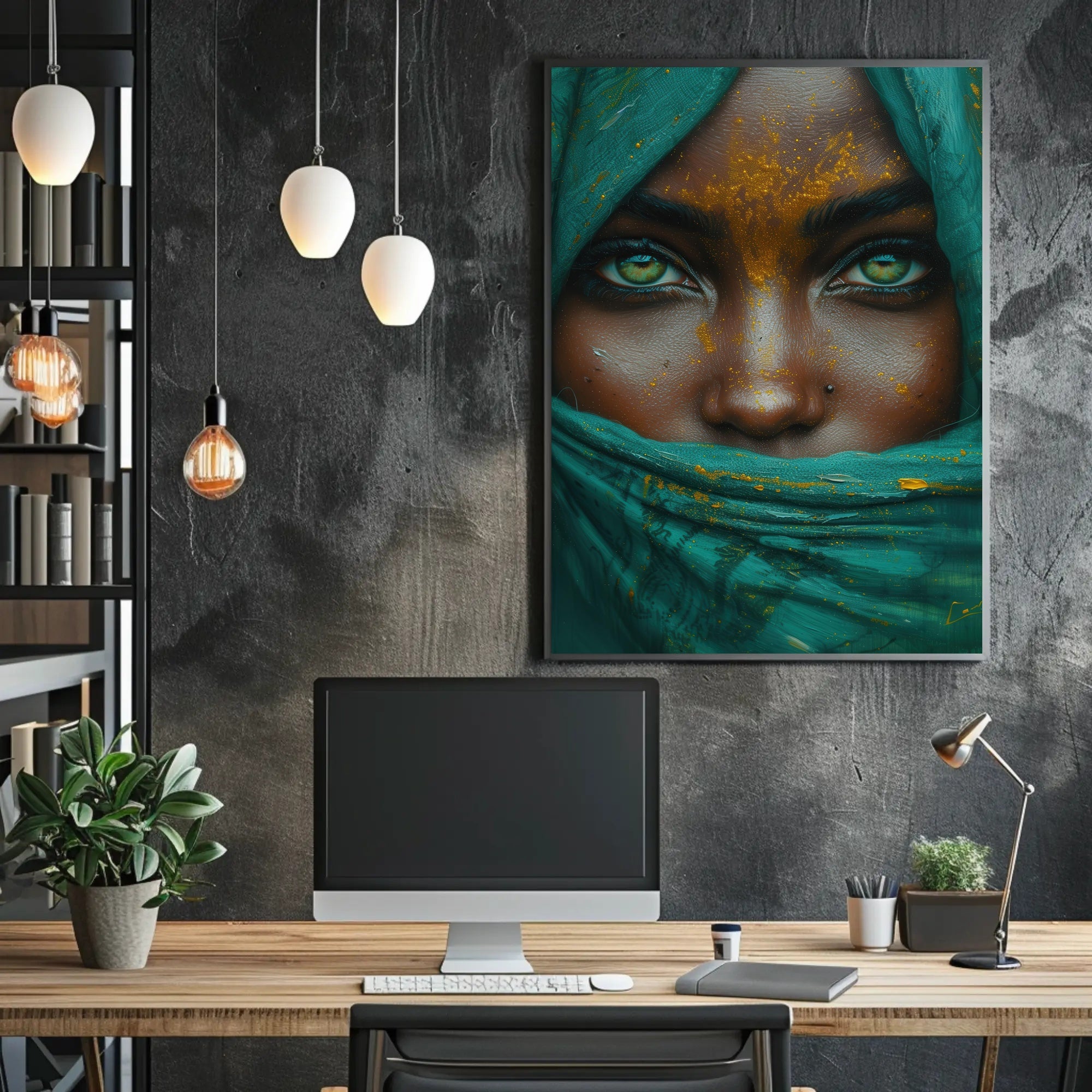 Hyper-Realistic Eyes and Teal Fabric Artistic Poster PosterGoat