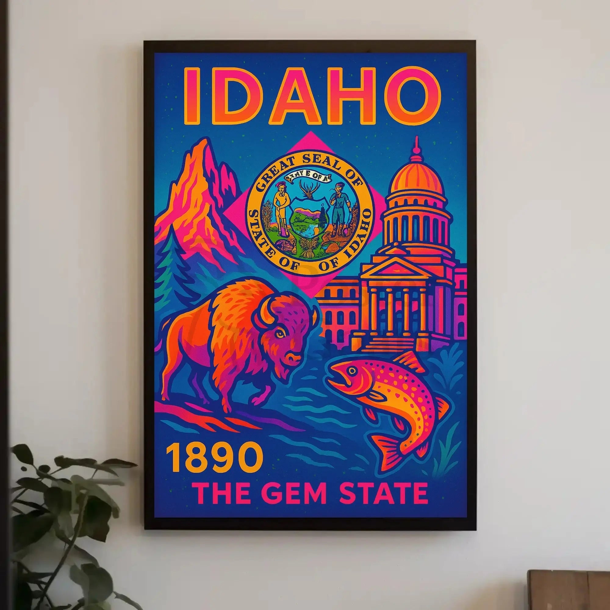 Idaho Neon Poster Celebration of History and Nature PosterGoat