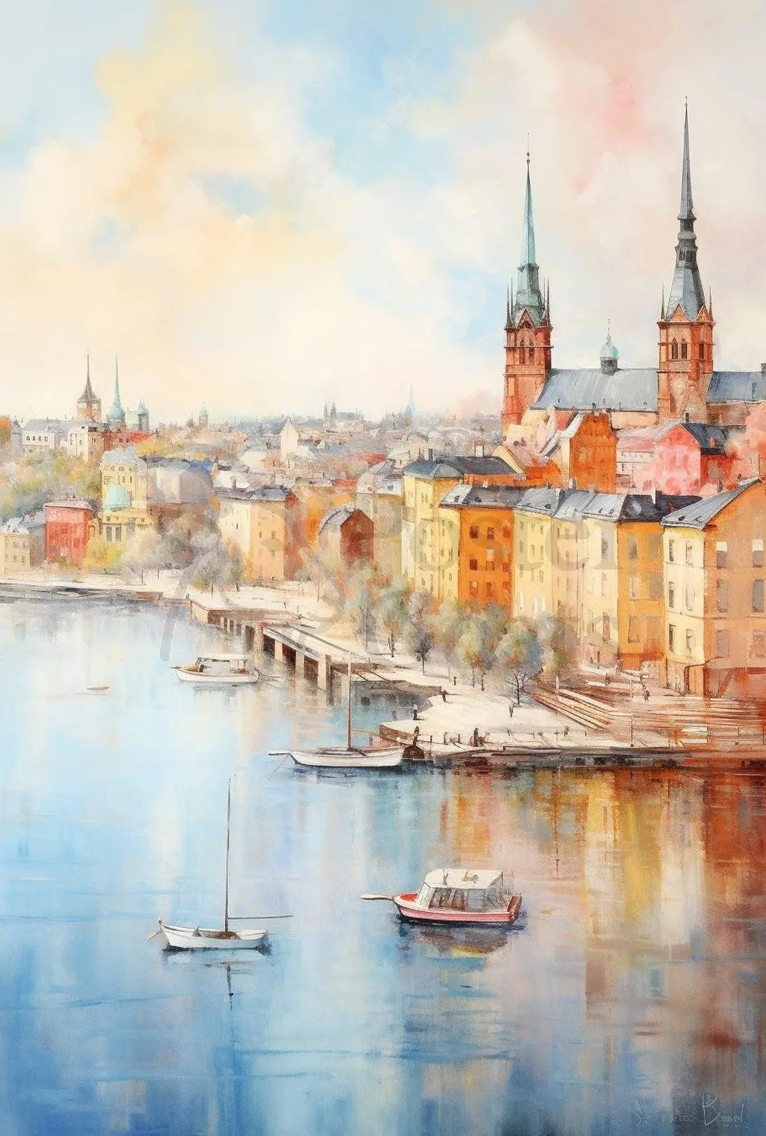 Idyllic European Cityscape Poster: Artistic, Pastel Charm Travel Poster PosterGoat
